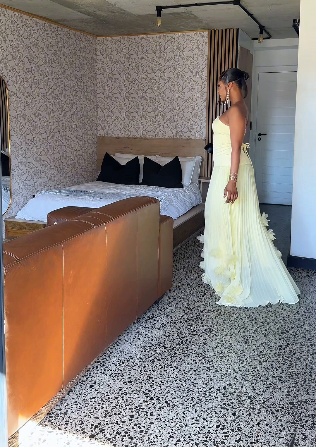 Royale Pleated Flower Hem Gown Yellow