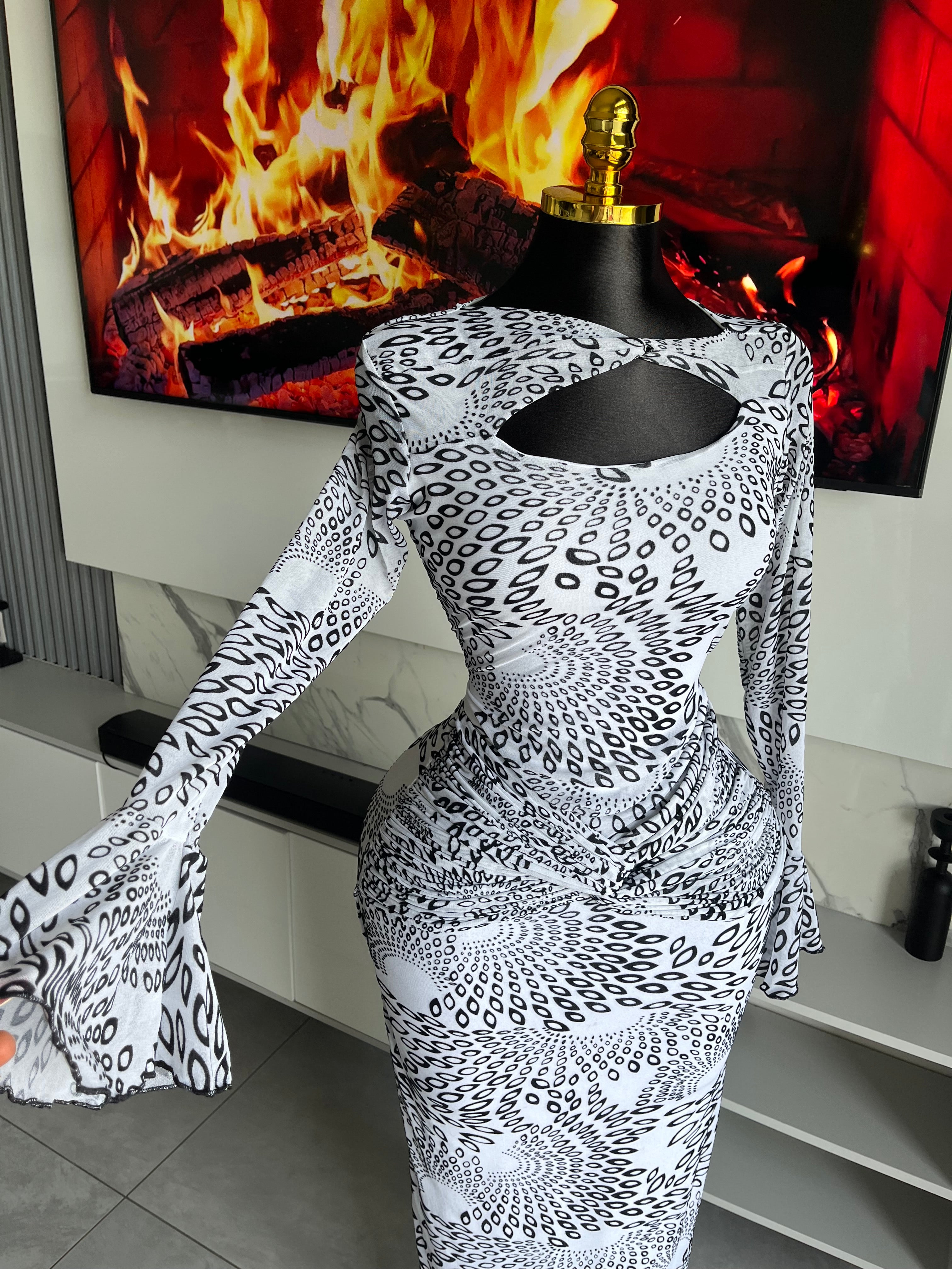Zelara Mesh Print Cut-Out Maxi Dress