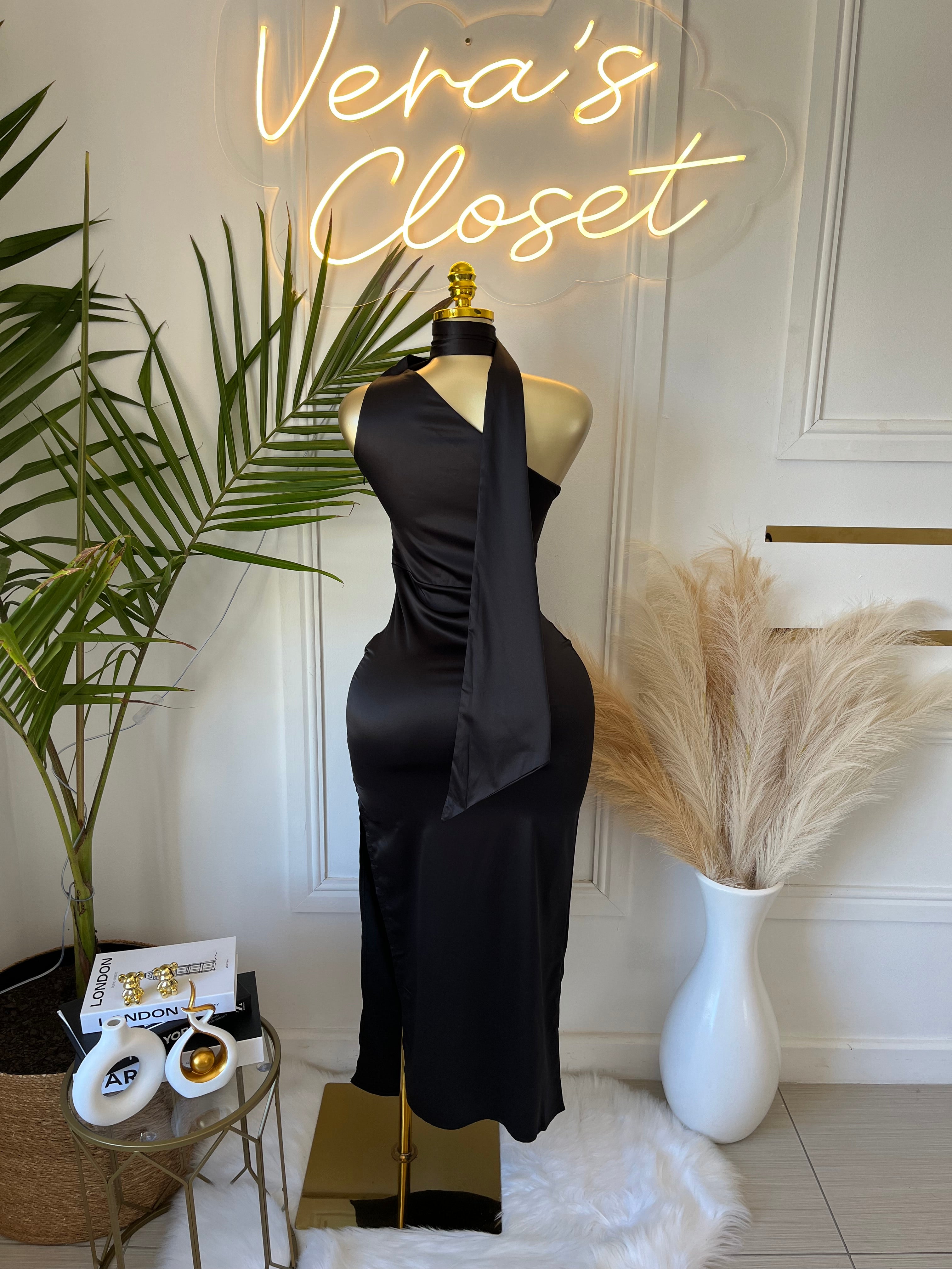 Micah Black One-Shoulder Midi Dress