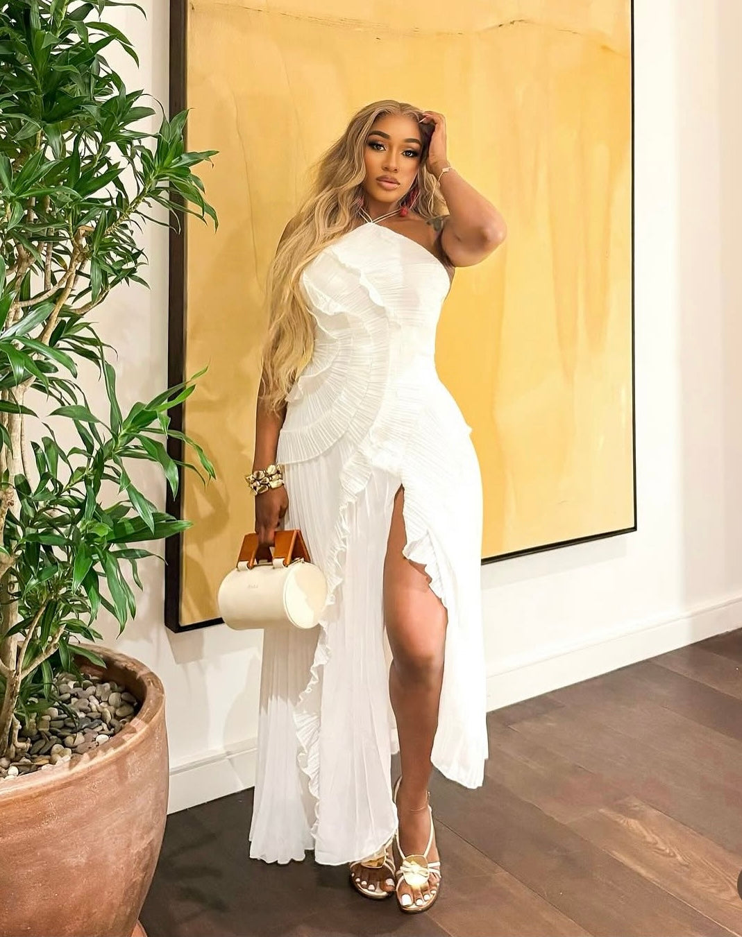 Davia Pleated Maxi Dress White