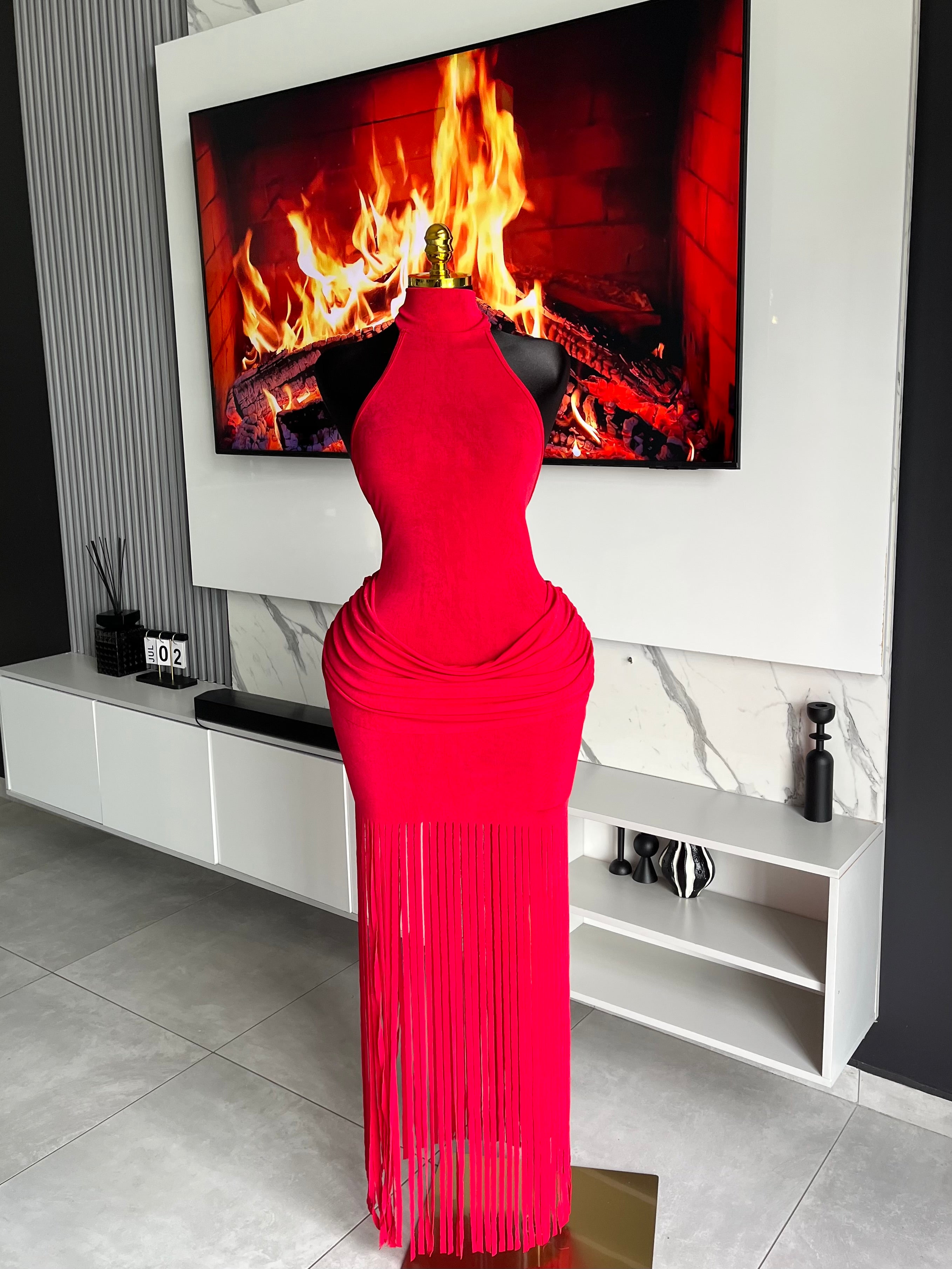 Amoura Fringe Maxi Dress Red