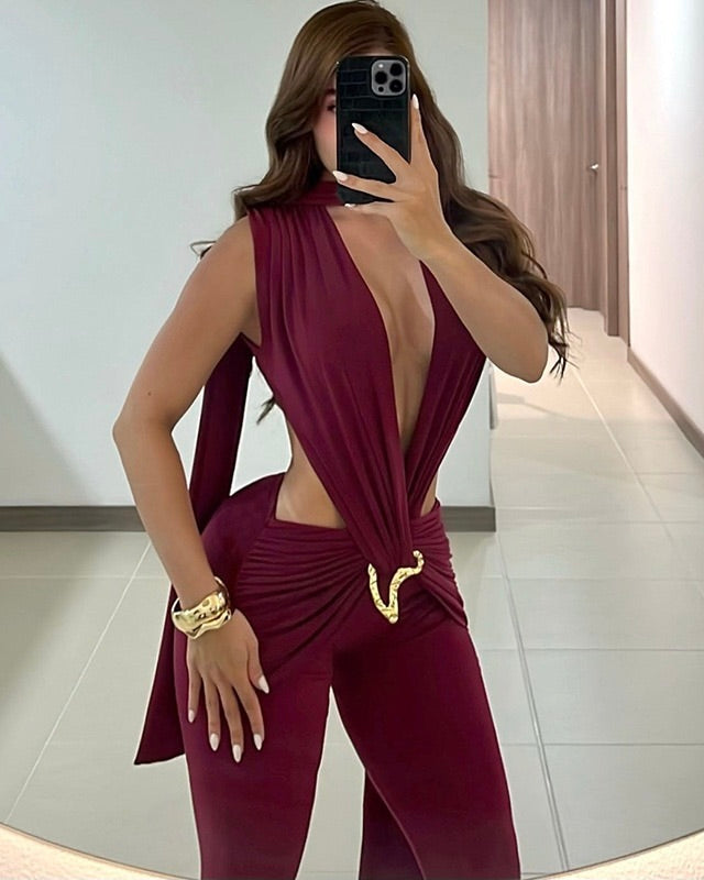 Mello Burgundy Cut-Out Jumpsuit