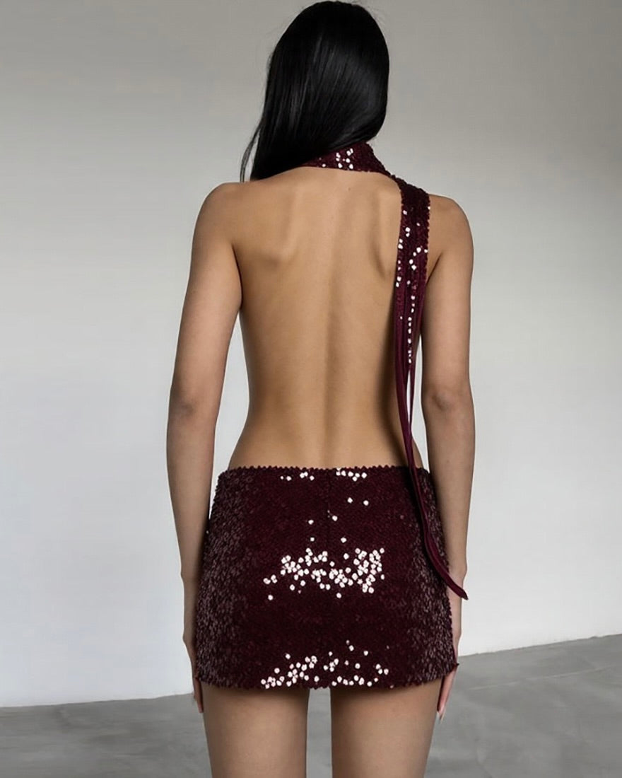 Heidi Sequin Deep Plunge Halter Mini Dress