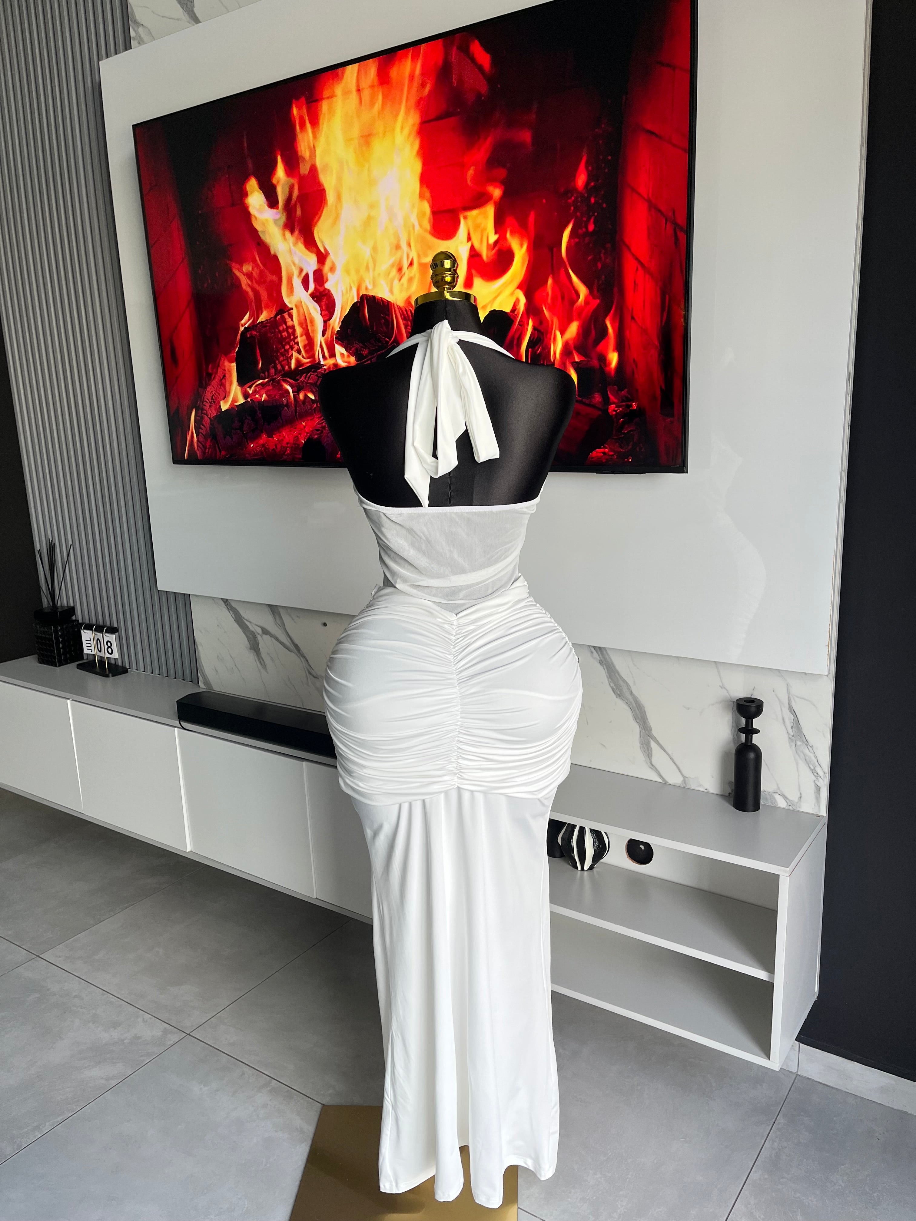 Davina Mesh Illusion Halter Gown White