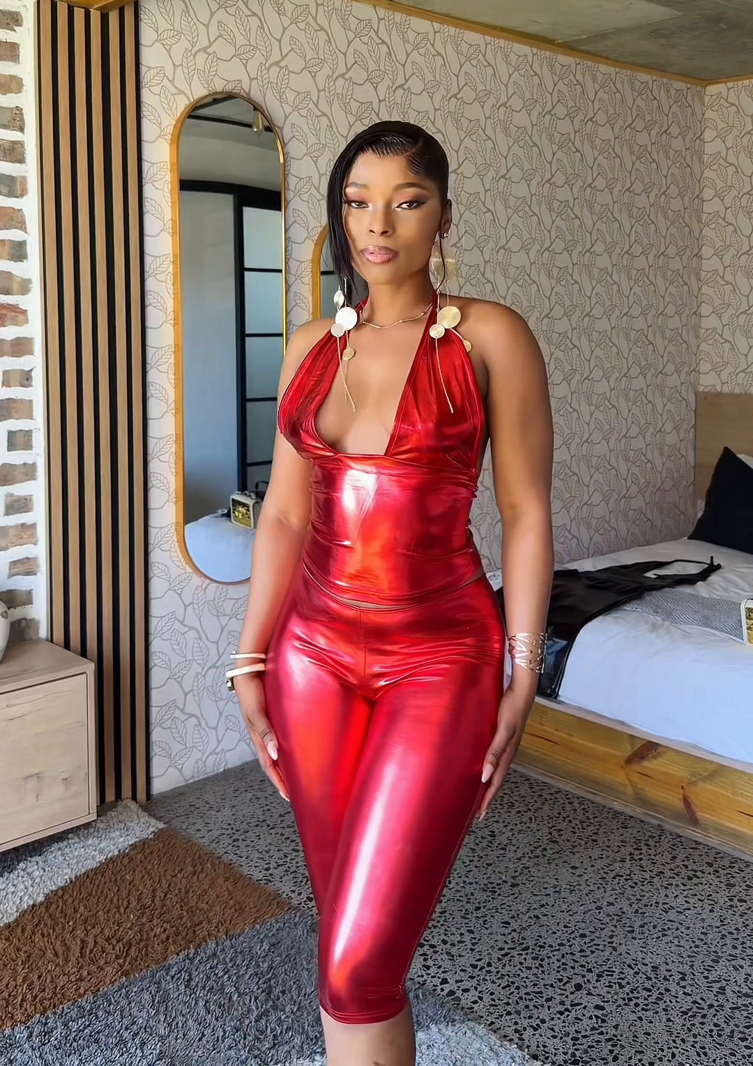 Roxy Leather-Look Halter Capri Set Red