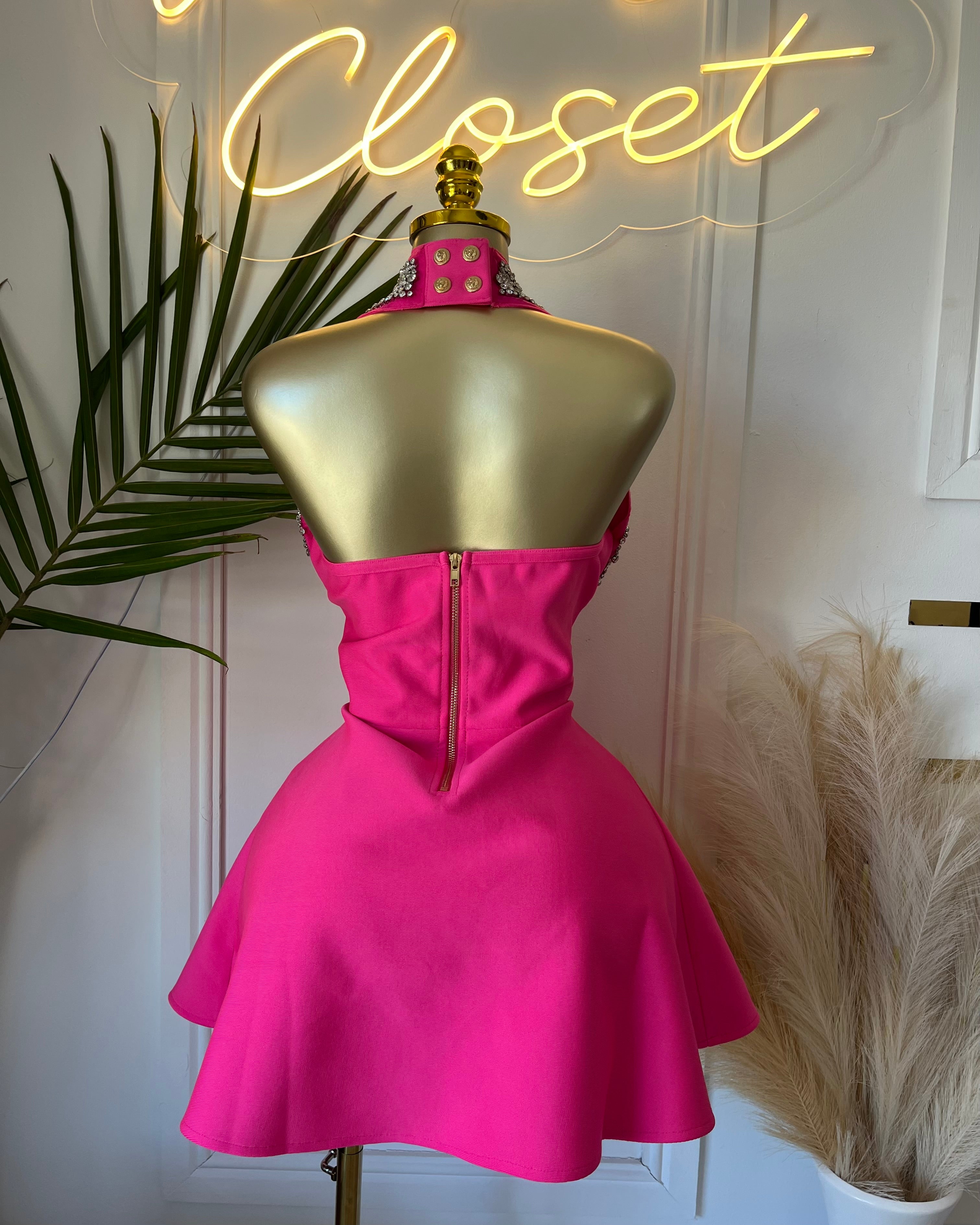 Vera Hot Pink Embellished Halter Mini Dress
