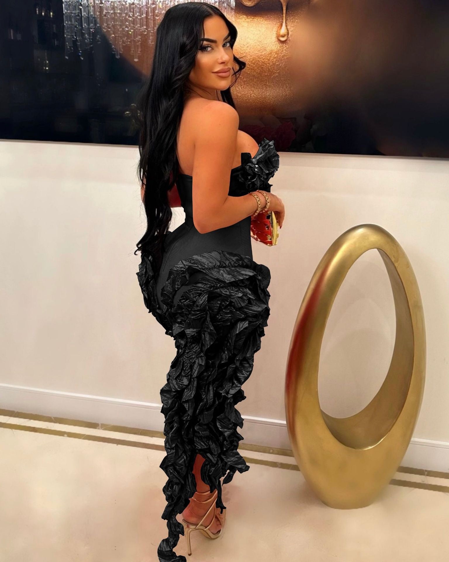 Nellie Ruffle Strapless Statement Dress Black