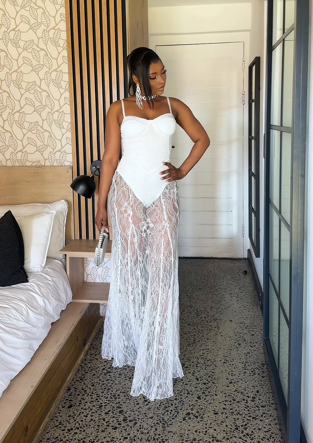 Vienna Sheer Lace Corset Maxi Dress White