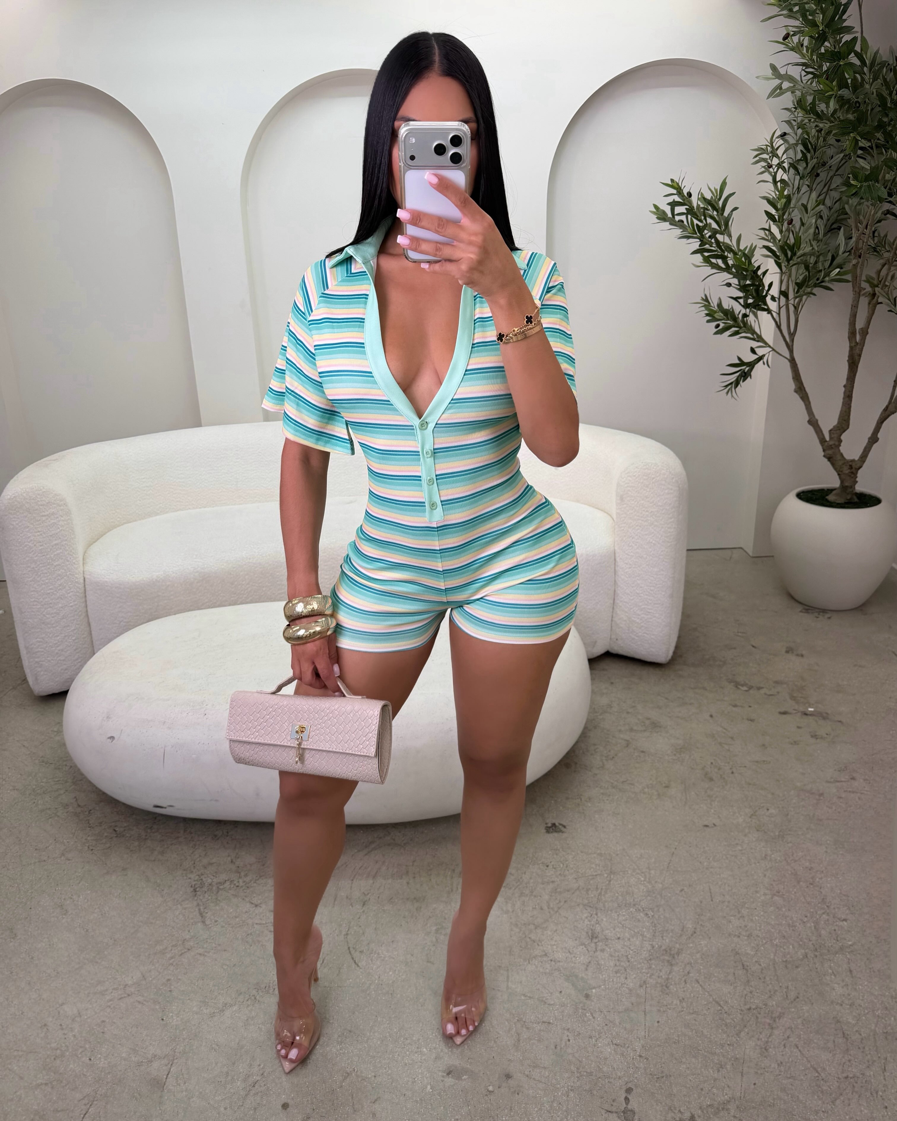 Sorbet Striped Knit Plunge Playsuit Green