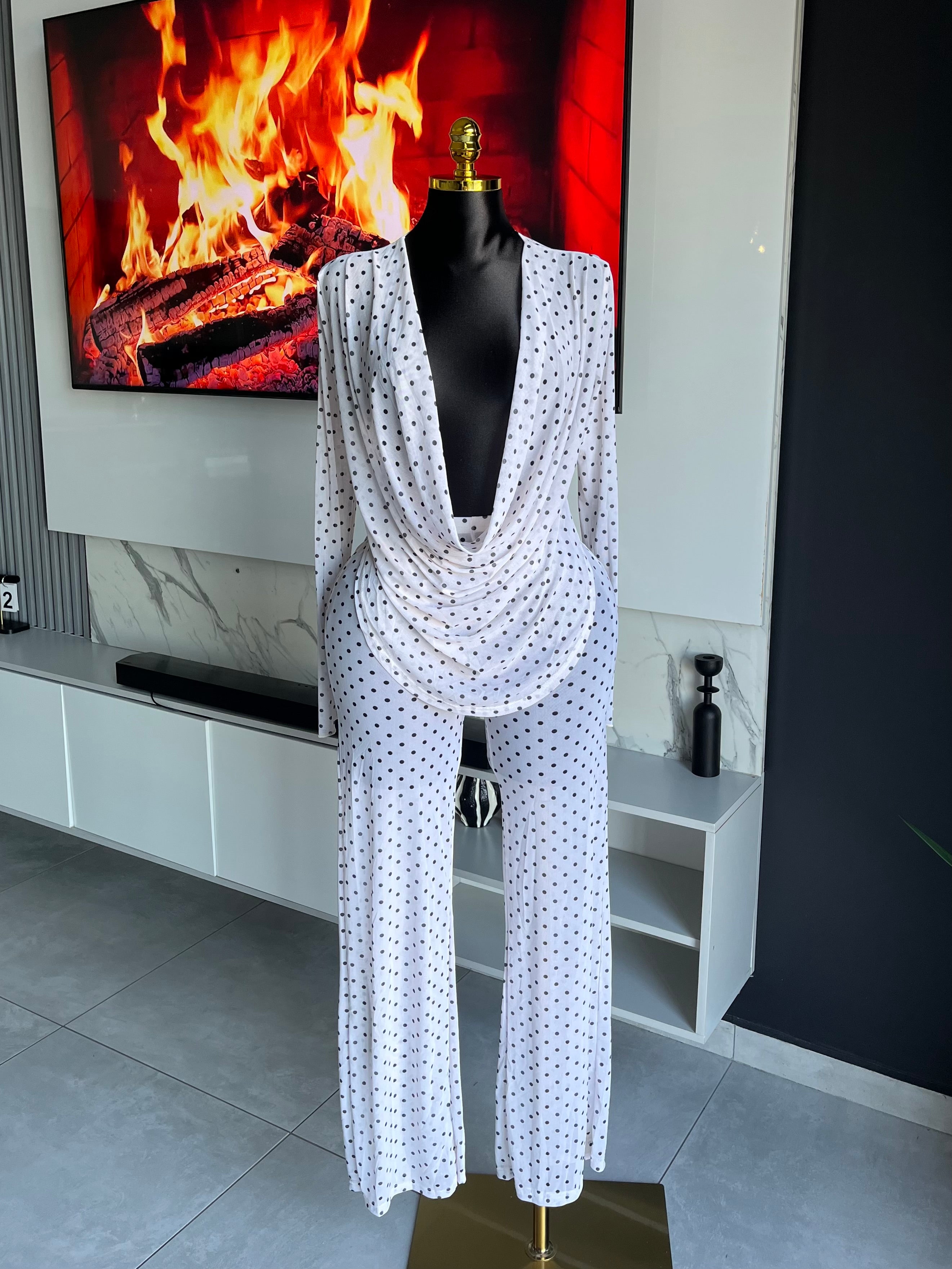 Mabel Polka Dot Mesh Pant Set White