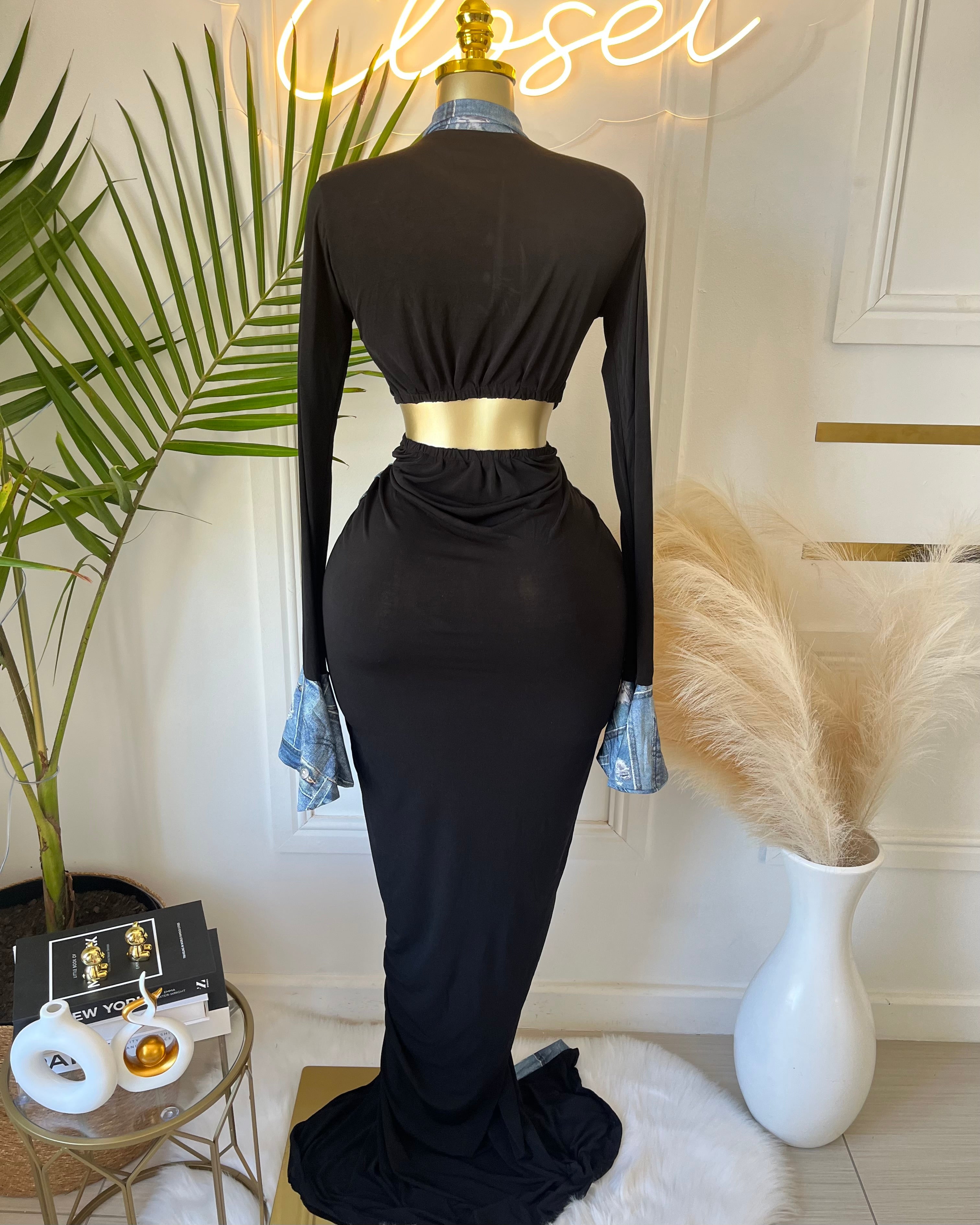 Elara Denim-Trim Sculpted Maxi Dress