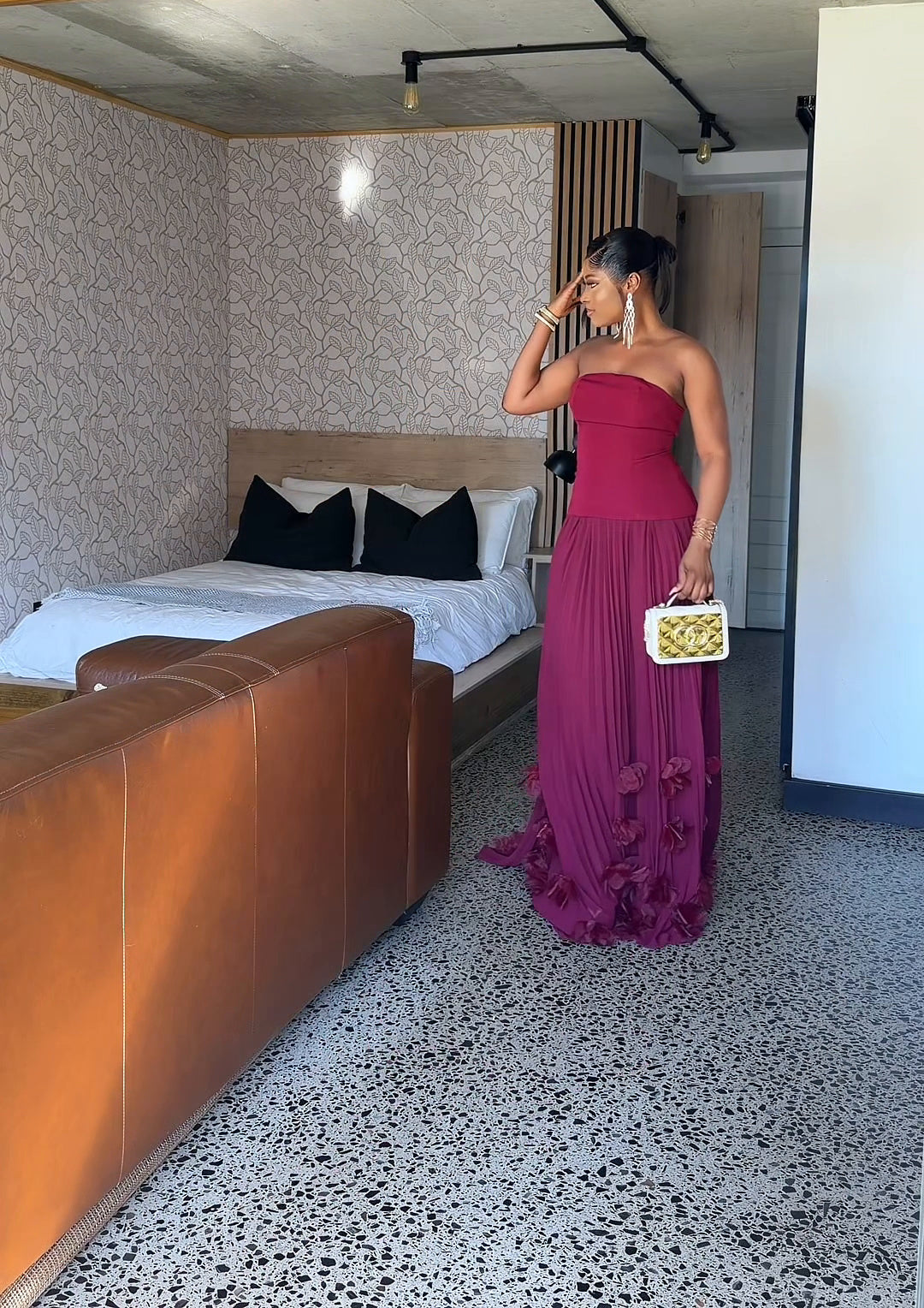 Royale Pleated Flower Hem Gown Burgundy
