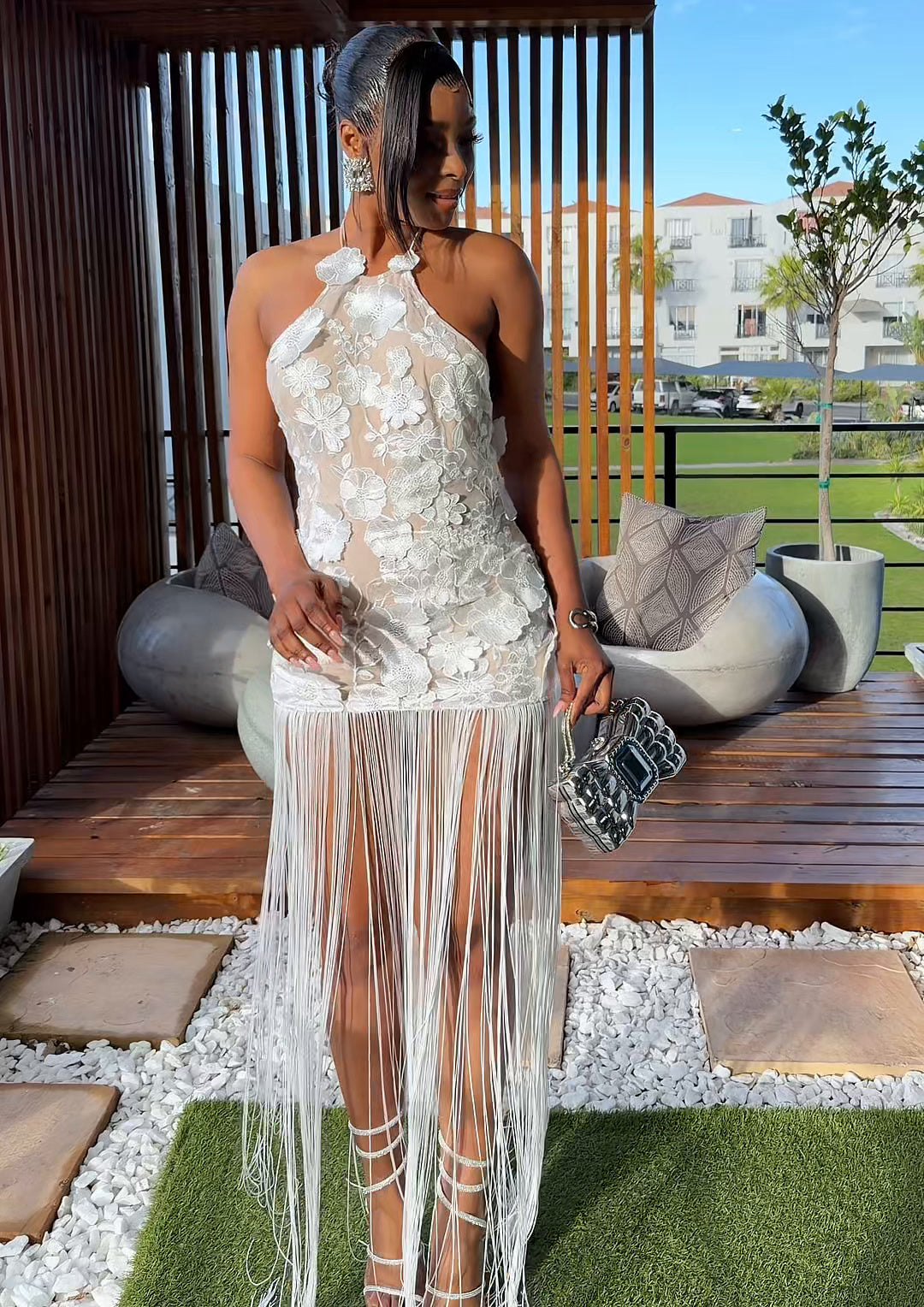 Gardenia Floral Fringe Maxi Dress Ivory