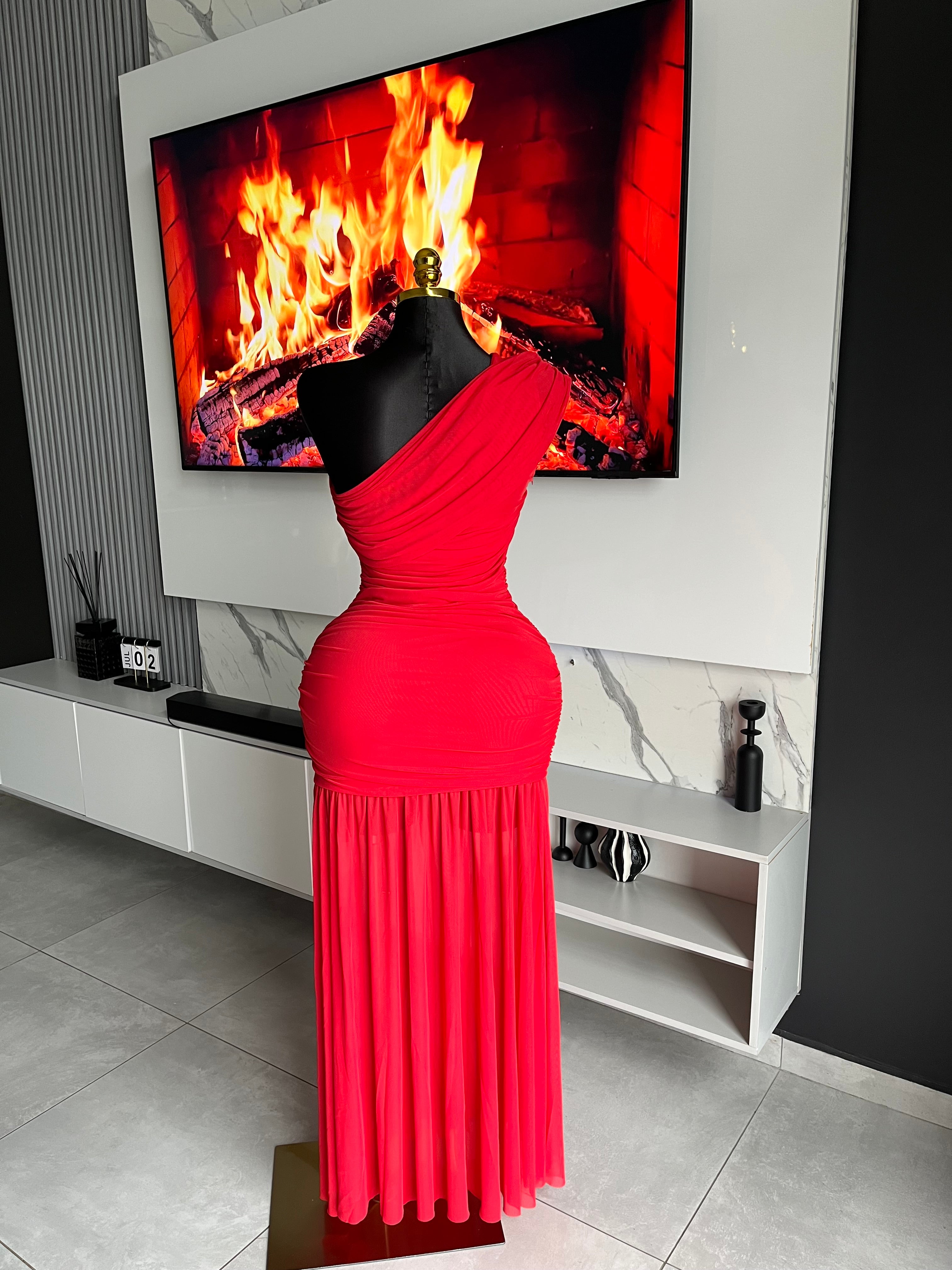 Kendall One-Shoulder Ruched Maxi Dress Red