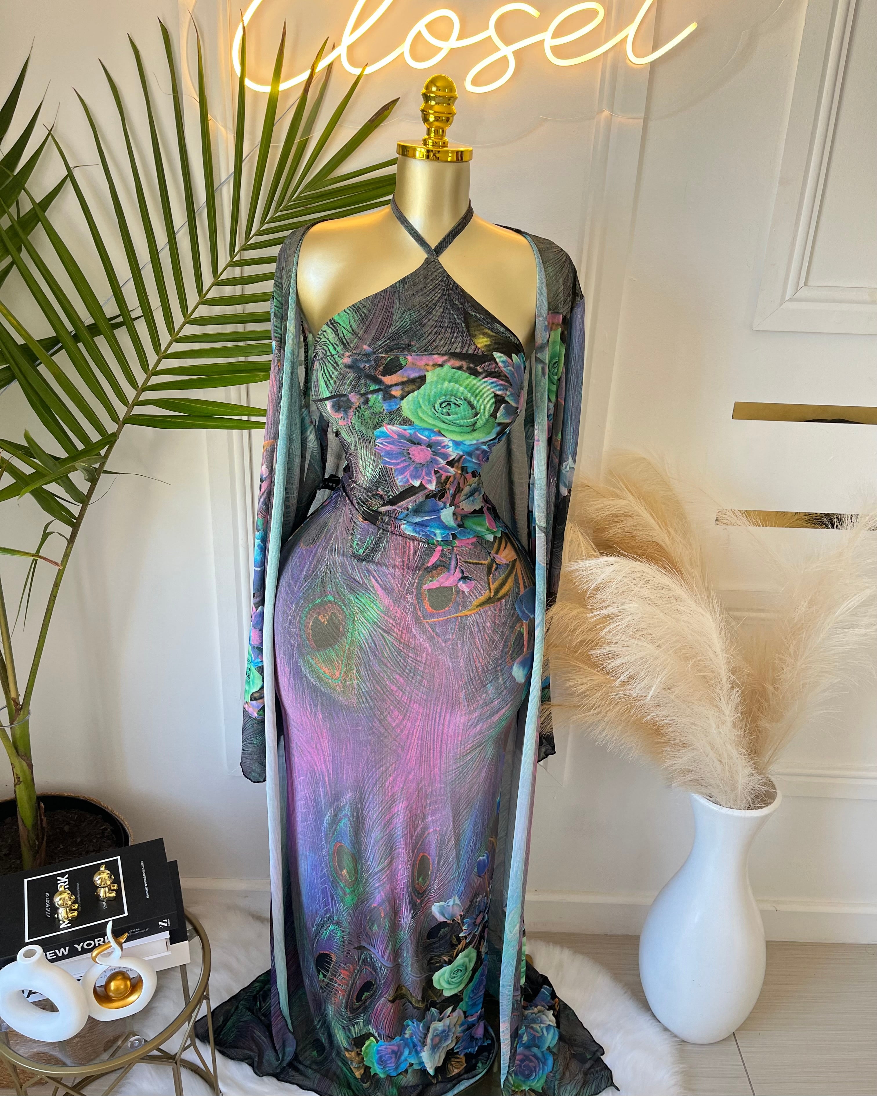 Aurelia Peacock Mesh Maxi Dress