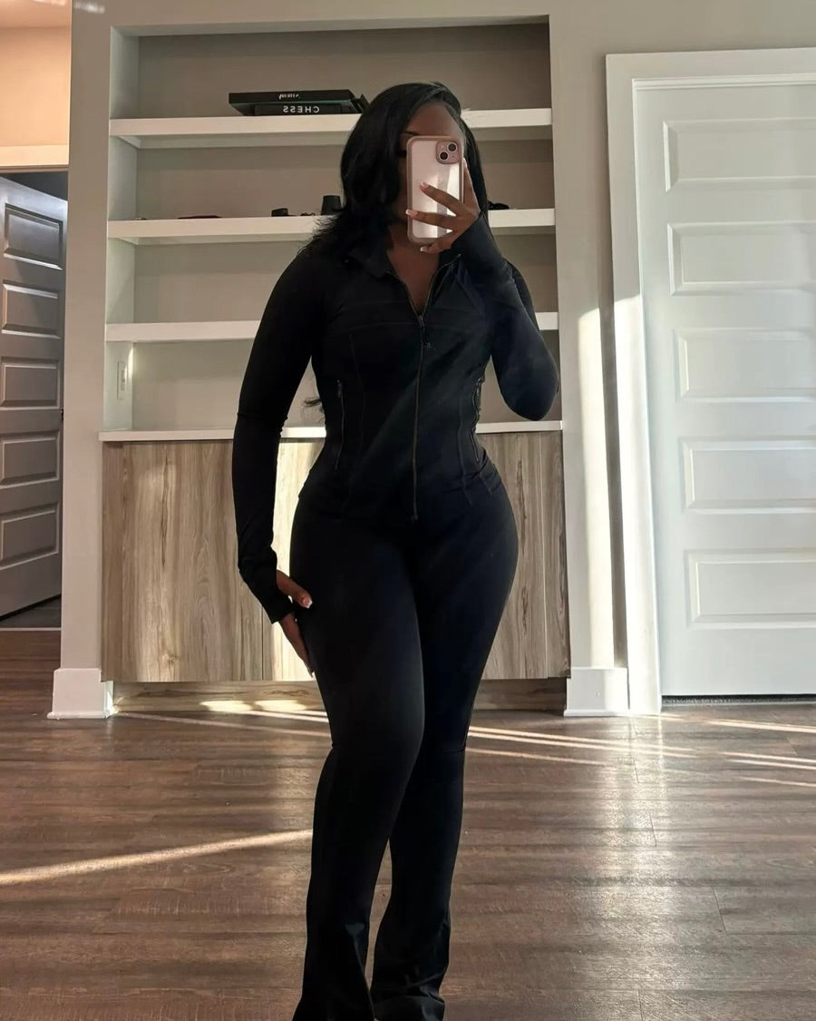 Nova Zip-Up Flare Pant Set Black