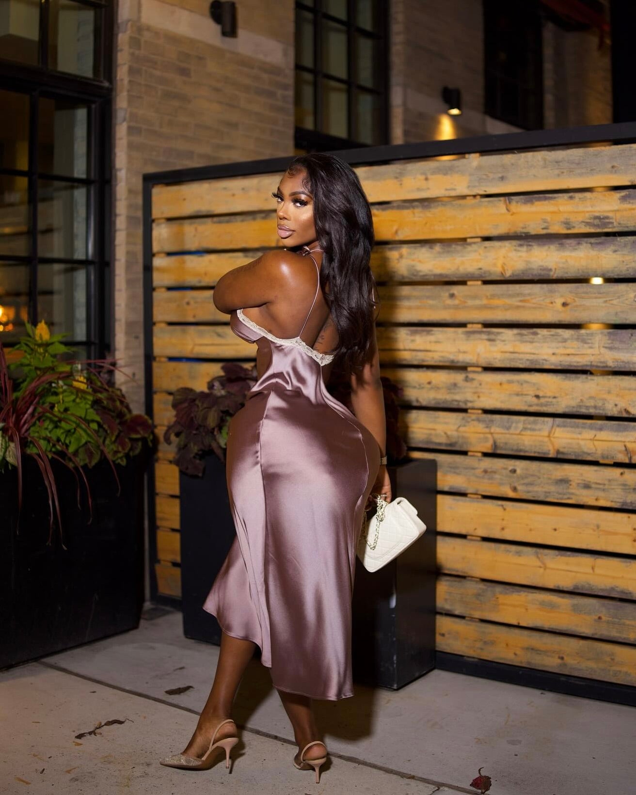 Archieves Satin Lace-Trim Midi Dress