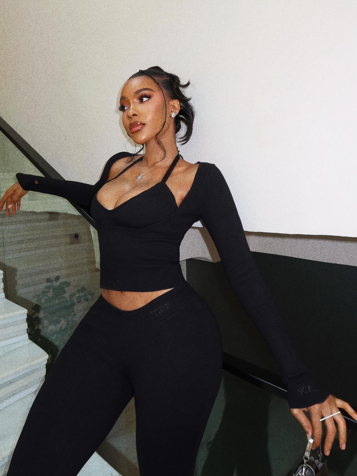 Ivana Plunge Crop Top & Pants Set Black