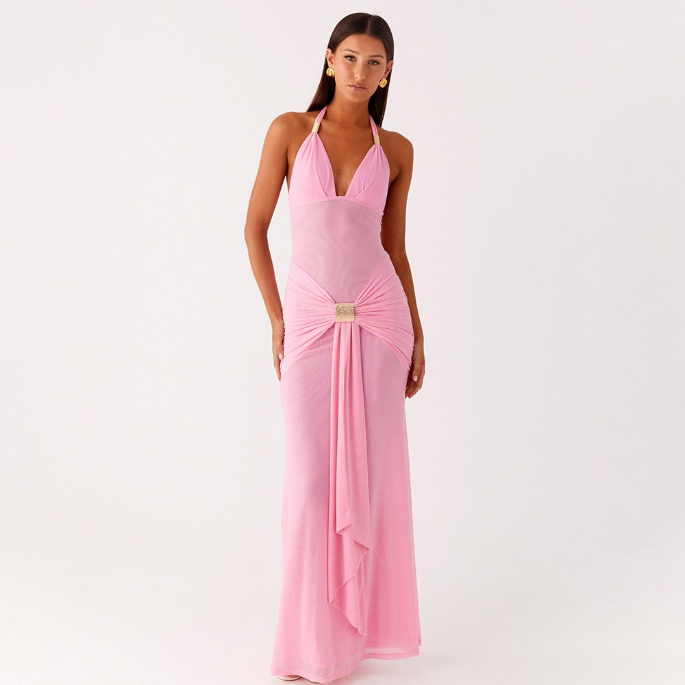 Sienna Diamanté Halter Maxi Dress Pink