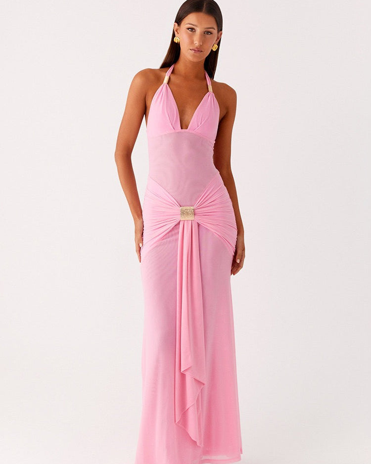 Sienna Diamanté Halter Maxi Dress Pink