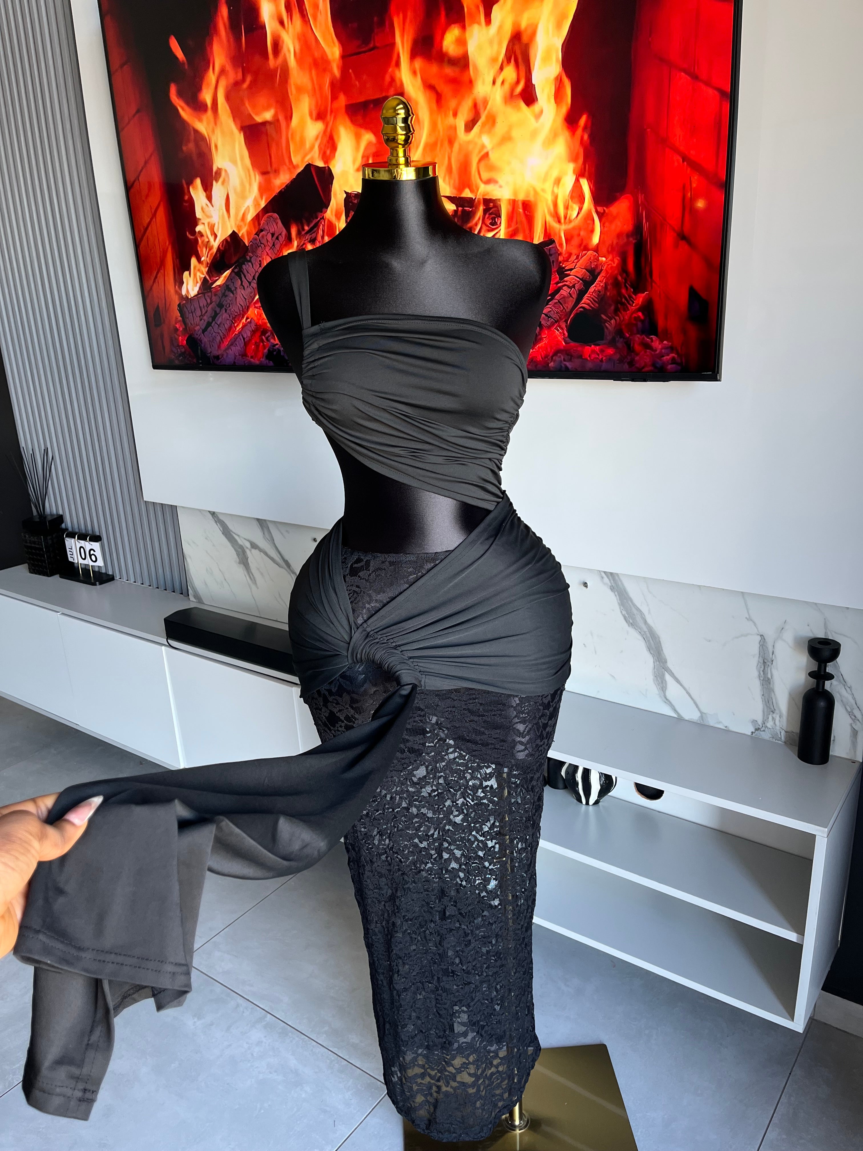 Emmerie Draped Lace Cut-Out Maxi Gown Black