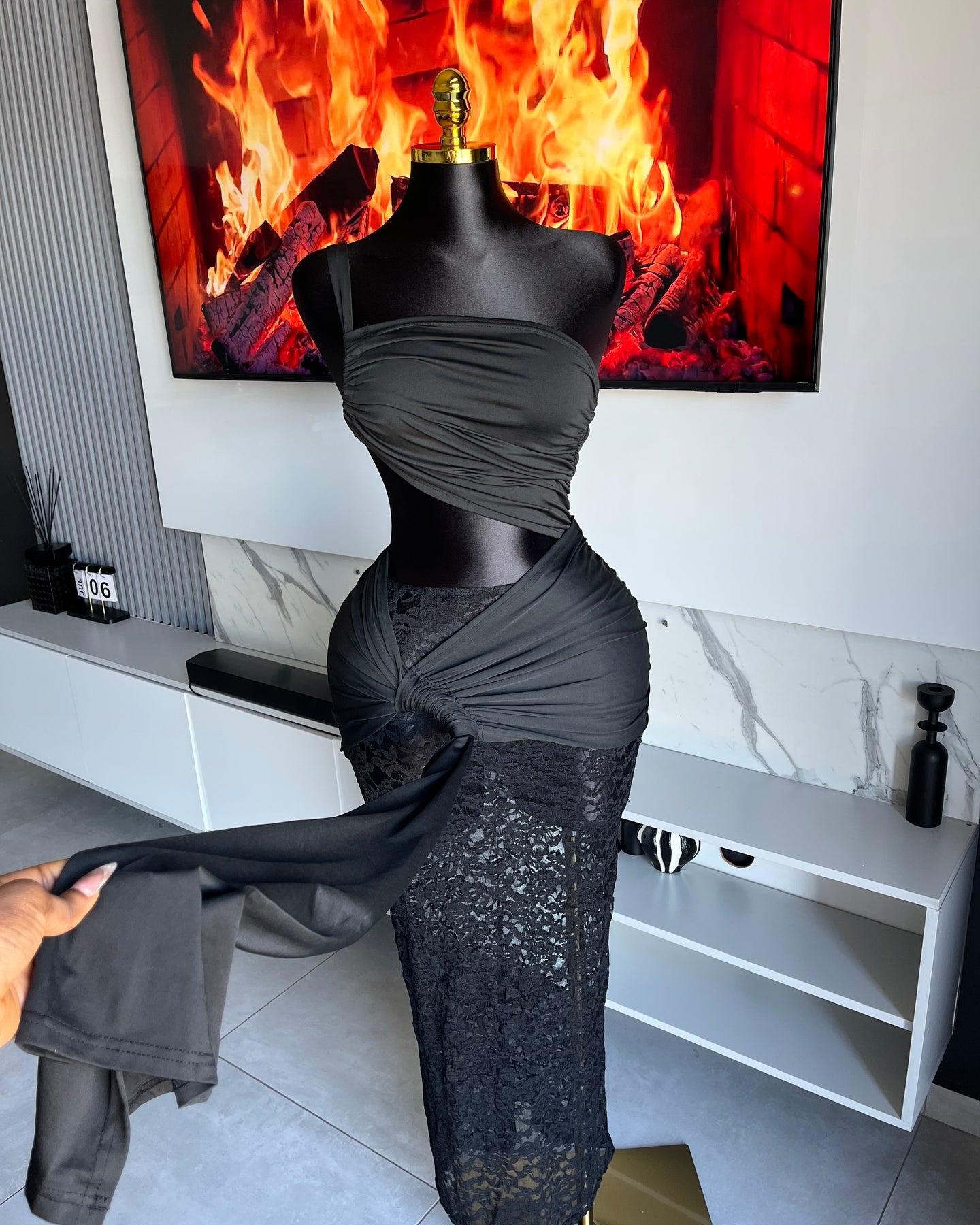 Emmerie Draped Lace Cut-Out Maxi Gown Black