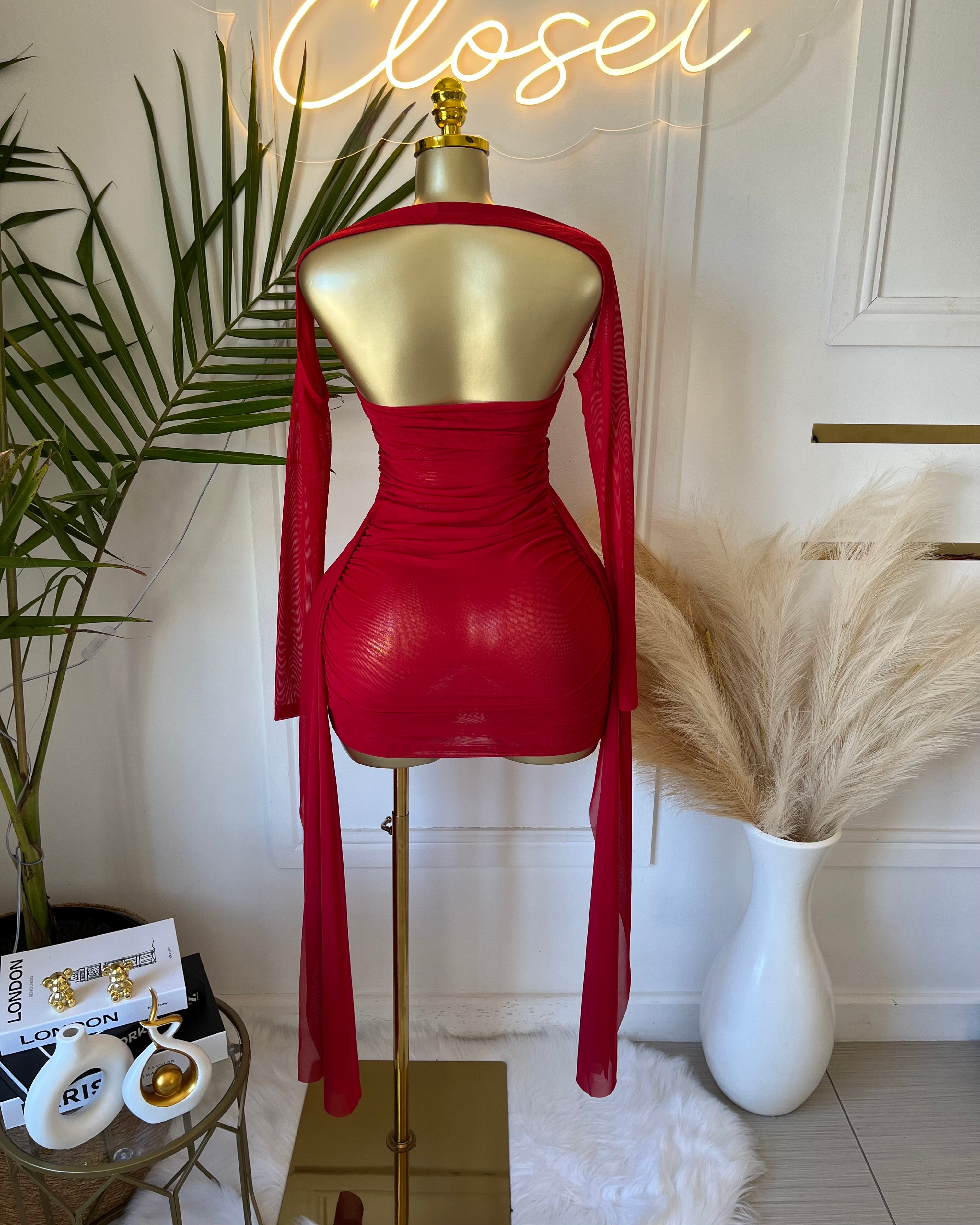 Oluna Sheer Draped Mini Dress Red