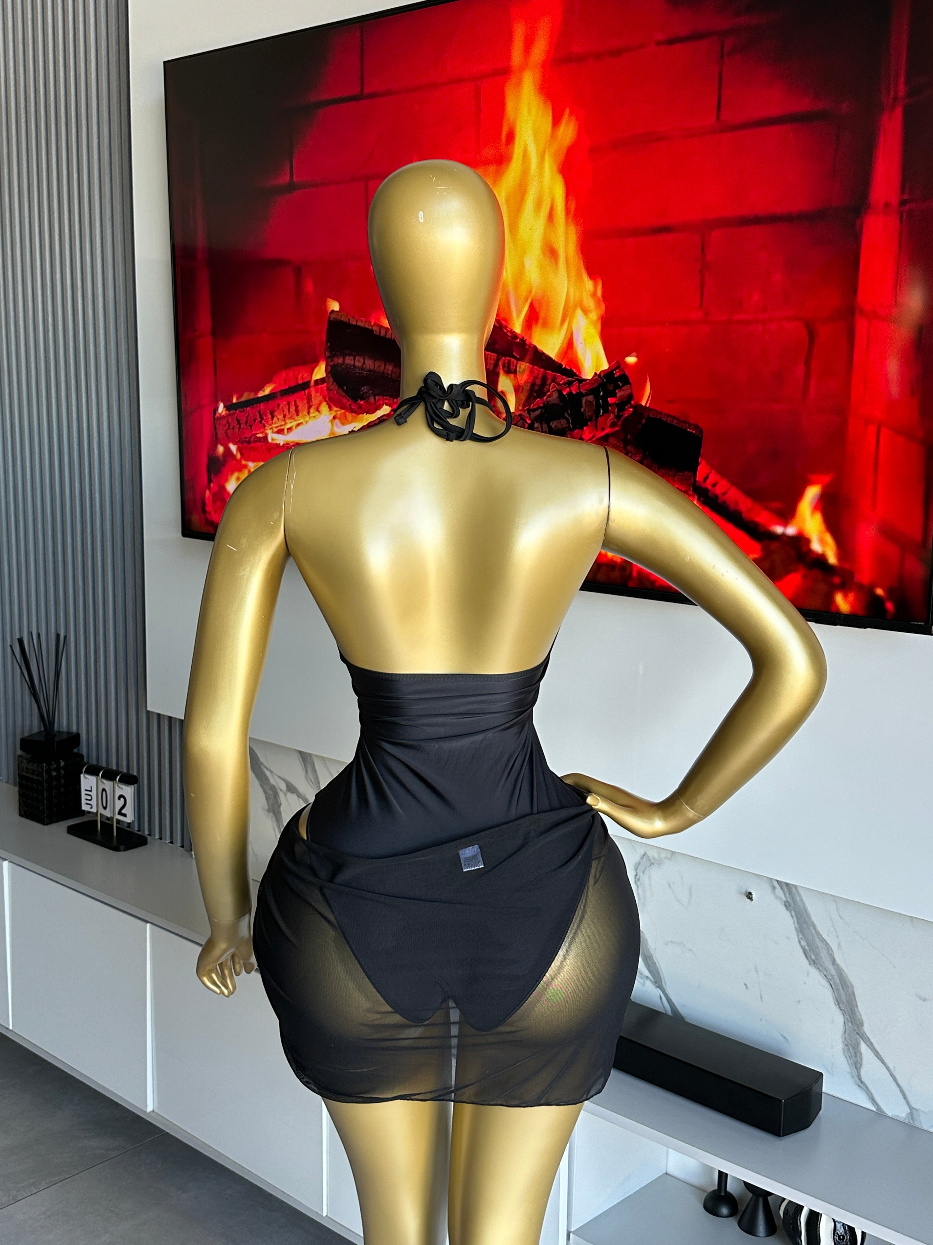Zakia Black Cut-Out Swimsuit & Skirt Set