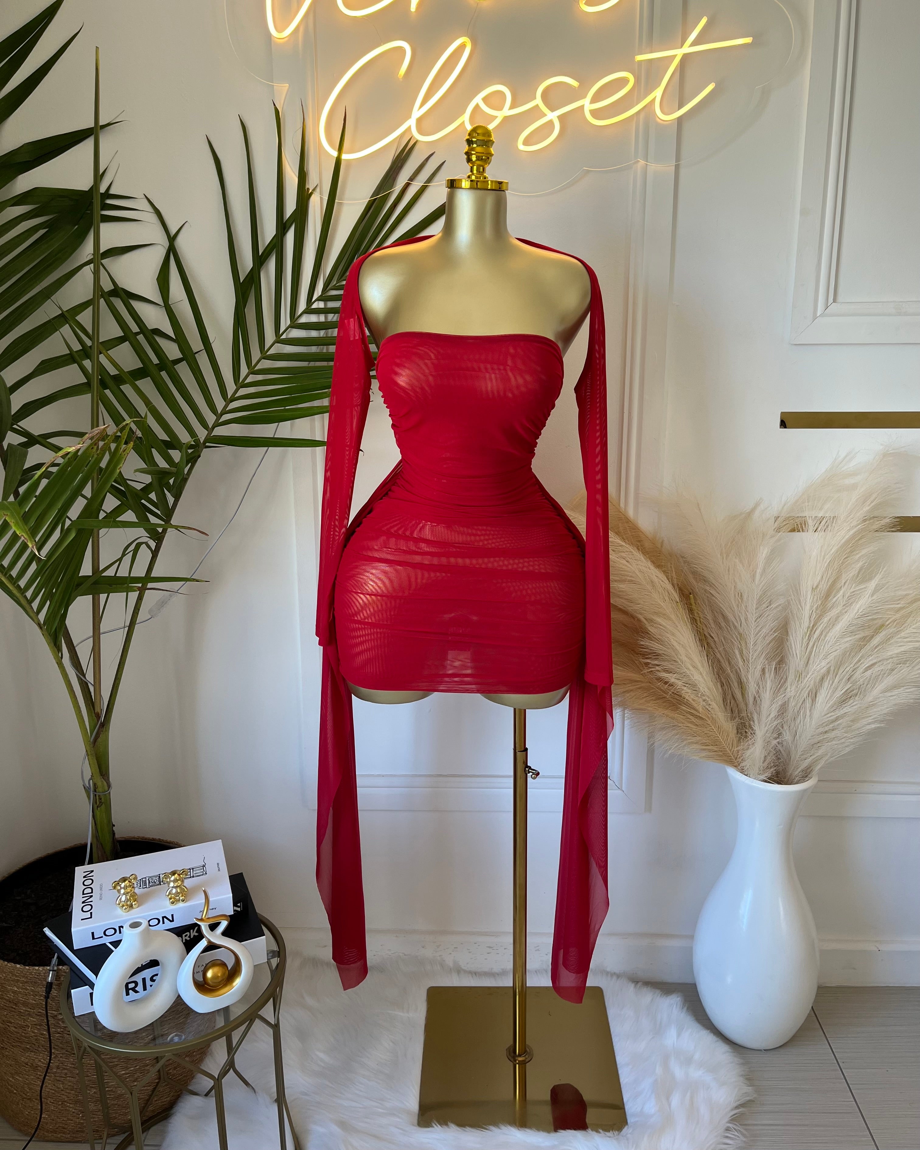 Oluna Sheer Draped Mini Dress Red