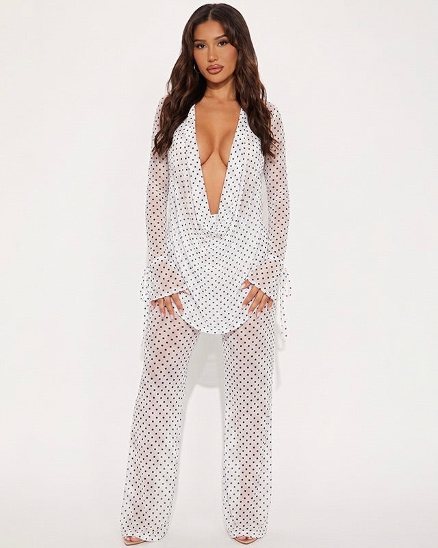 Mabel Polka Dot Mesh Pant Set White