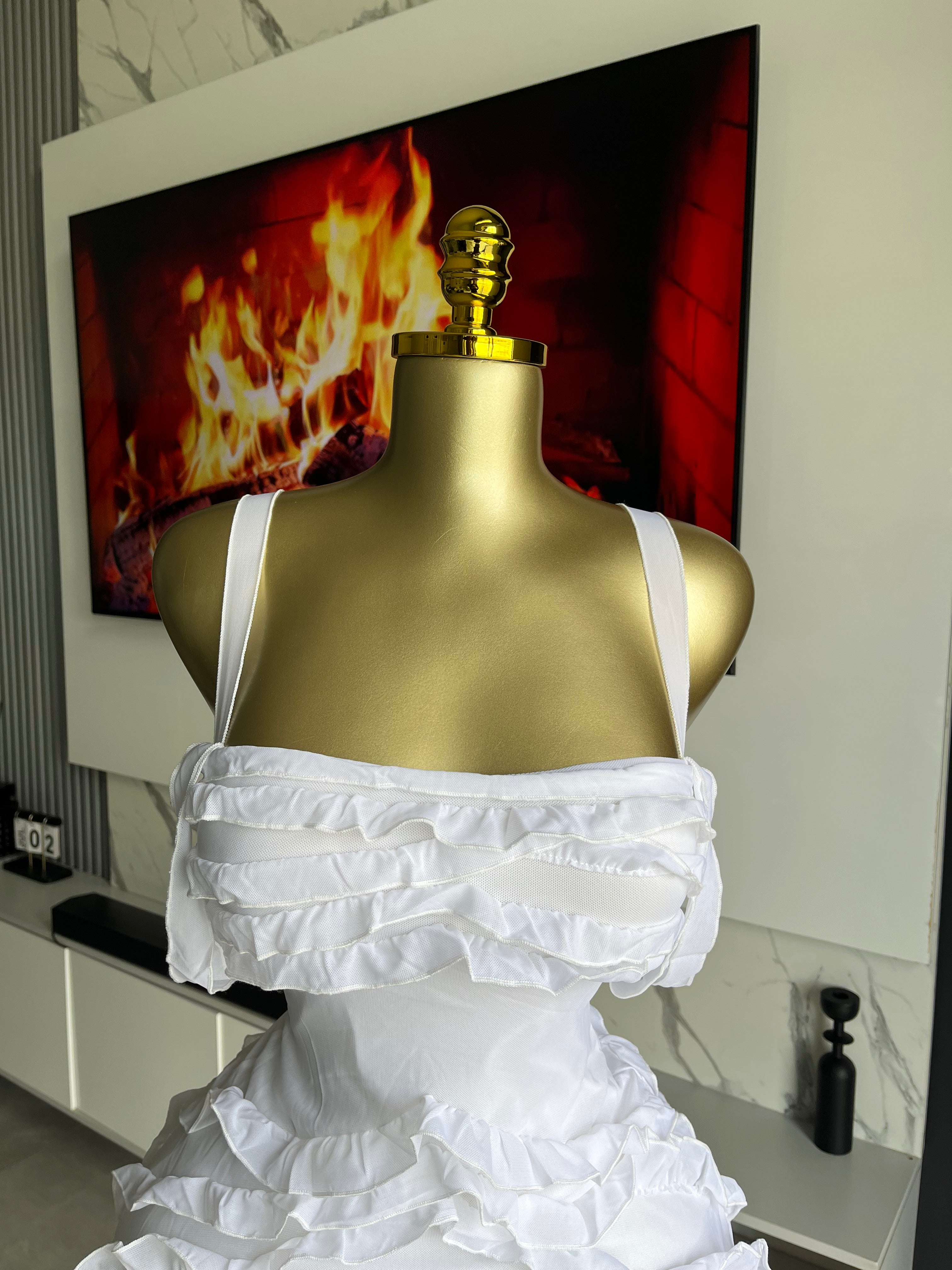 Kendra Ruffle Mesh Strapless Mini Dress White