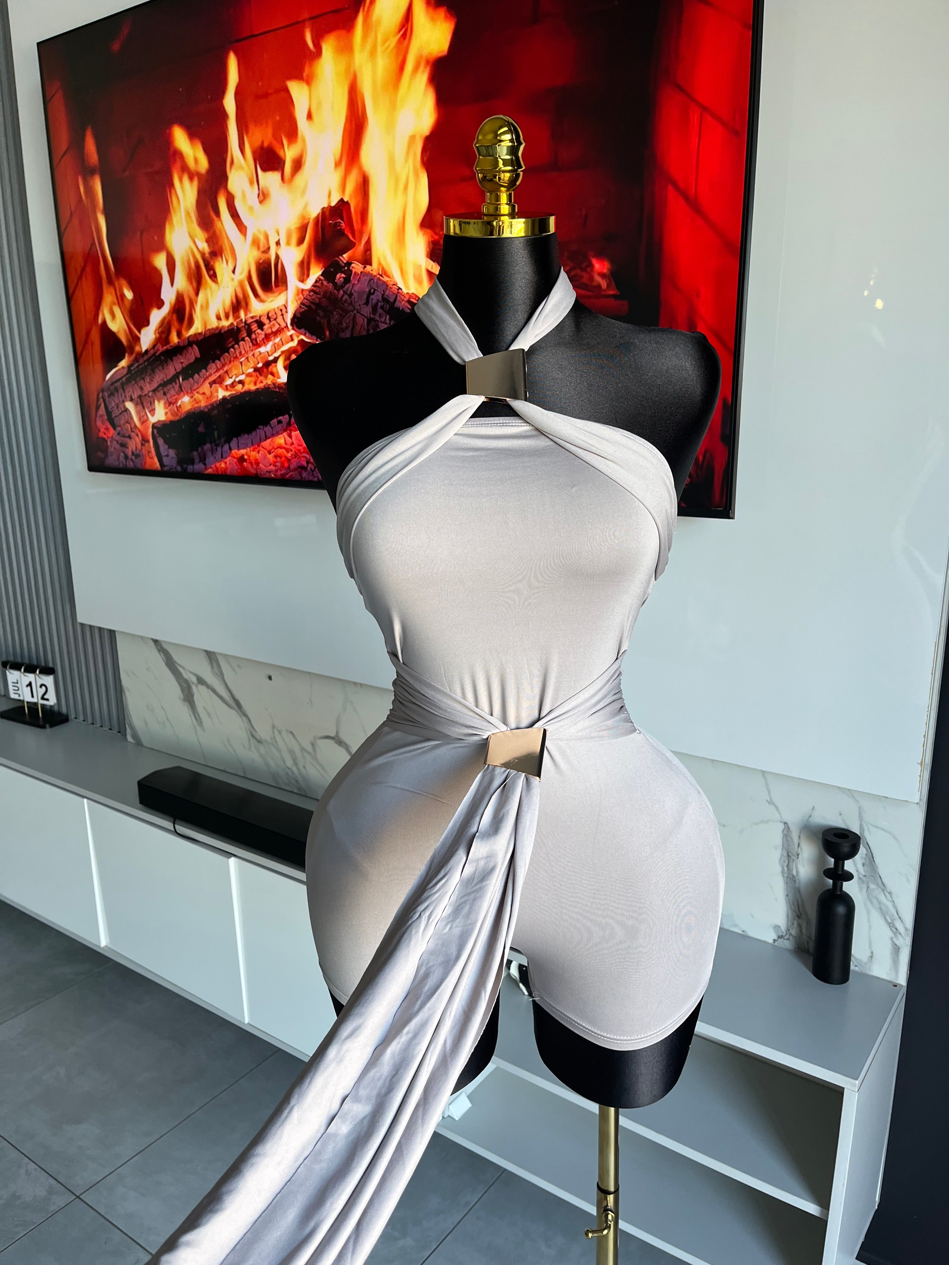 Oralee Halter Drape Romper Grey
