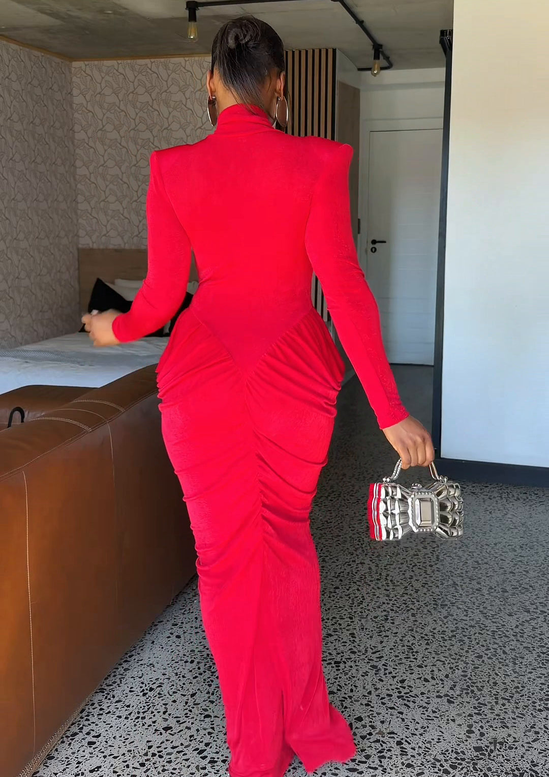 Odette Ruched High-Neck Maxi Dress Red