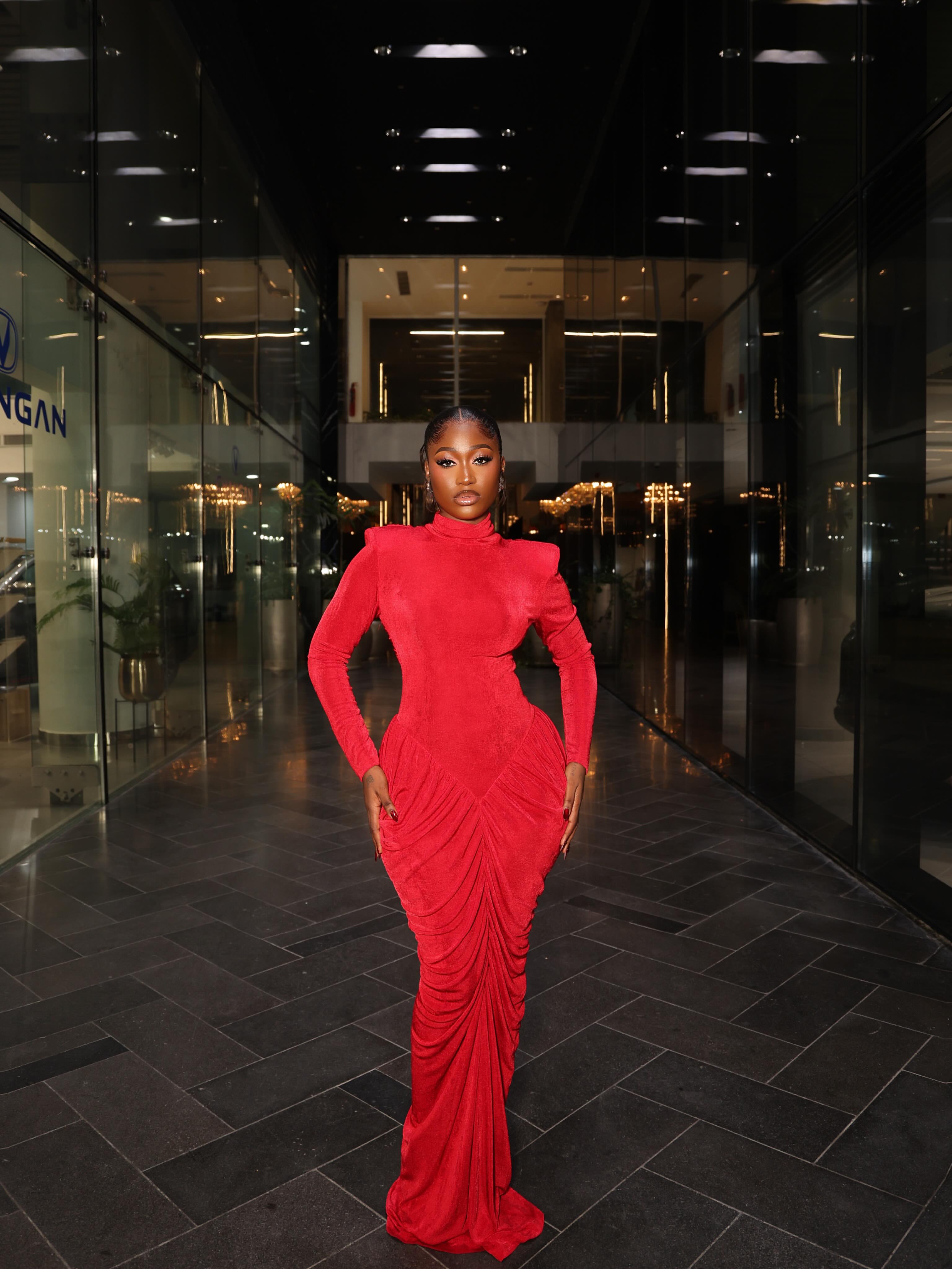 Odette Ruched High-Neck Maxi Dress Red