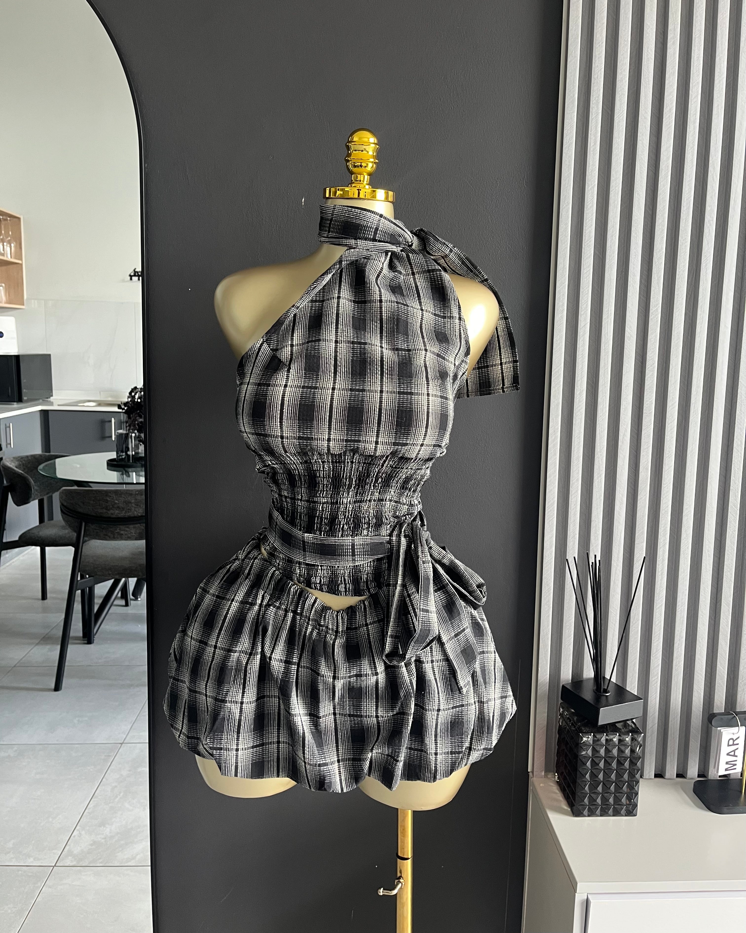 Betty Plaid Halter Ruffle Mini Skirt Set Black