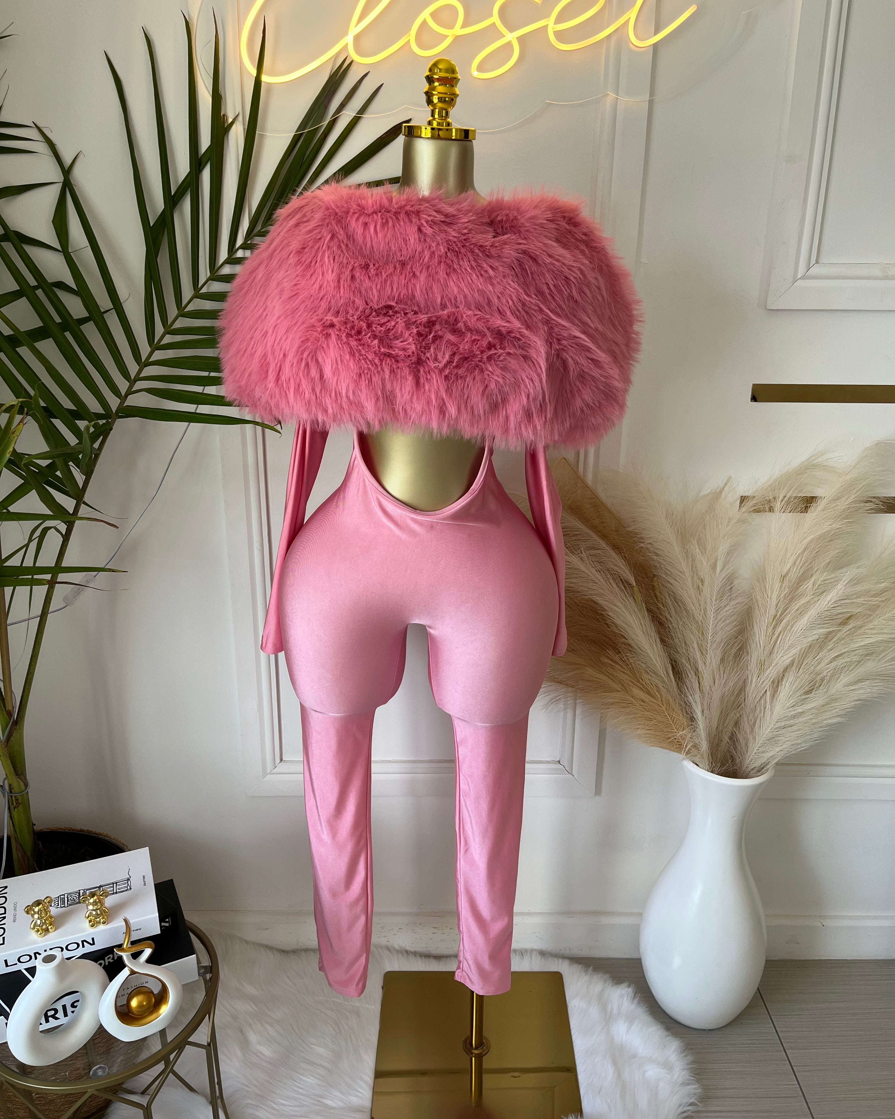 Really Pink Feather Trim Jumpsuit