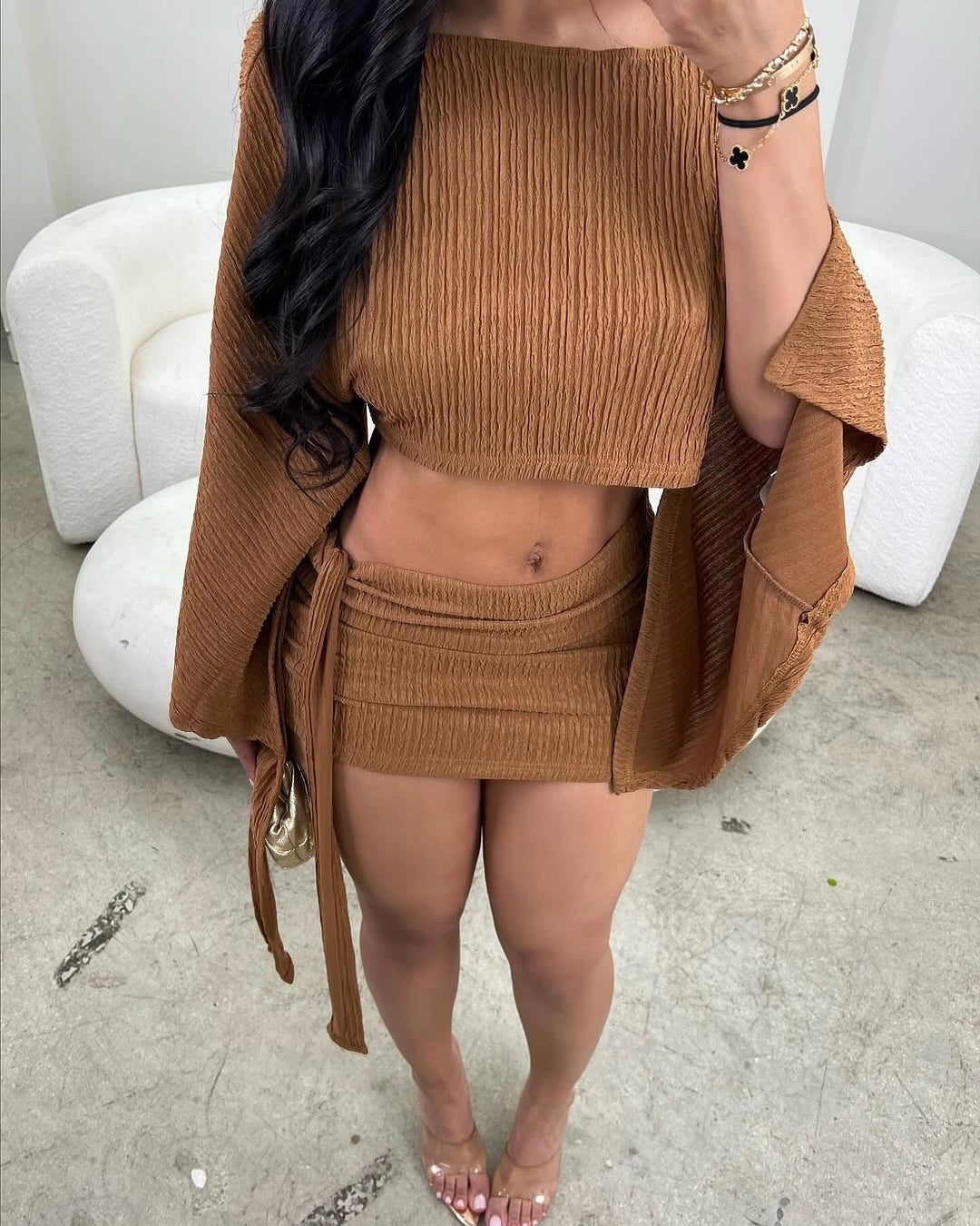 Diya One Shoulder Wrap Skirt Set Brown