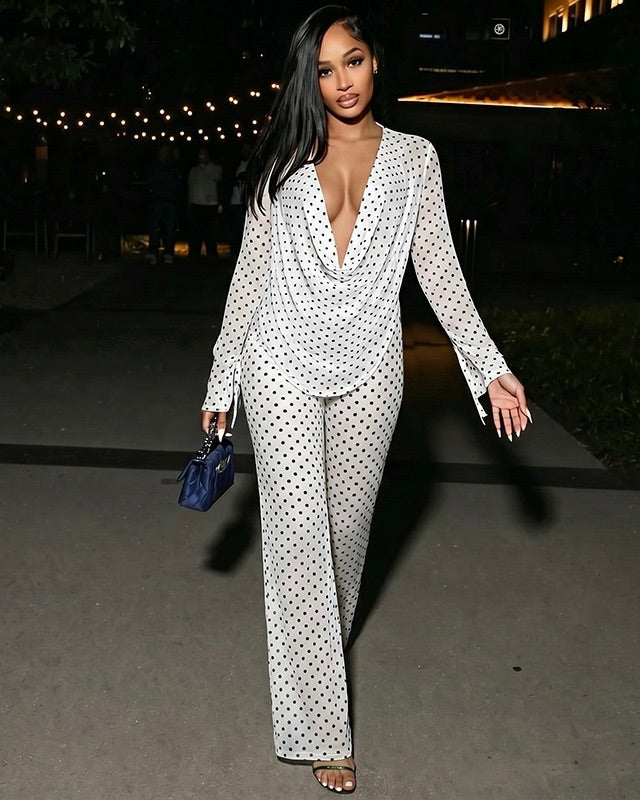 Mabel Polka Dot Mesh Pant Set White
