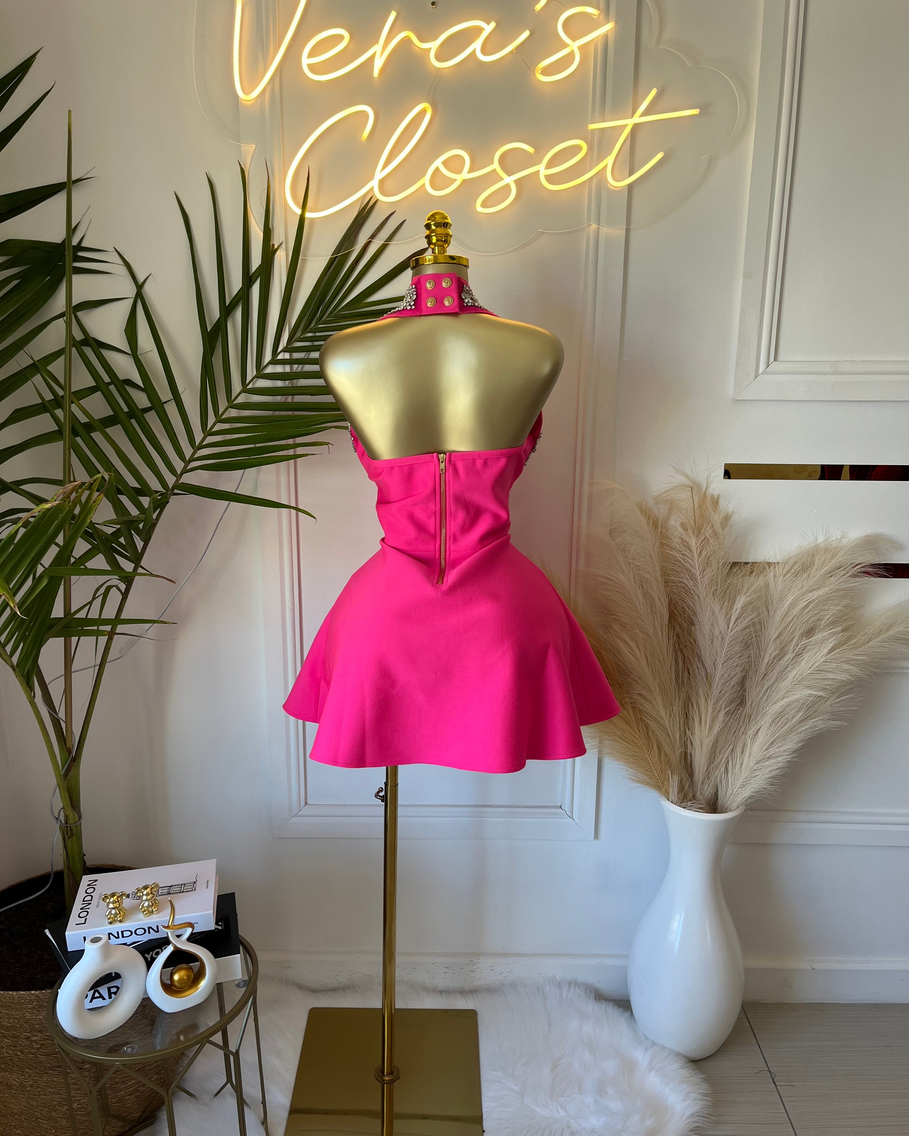 Vera Hot Pink Embellished Halter Mini Dress