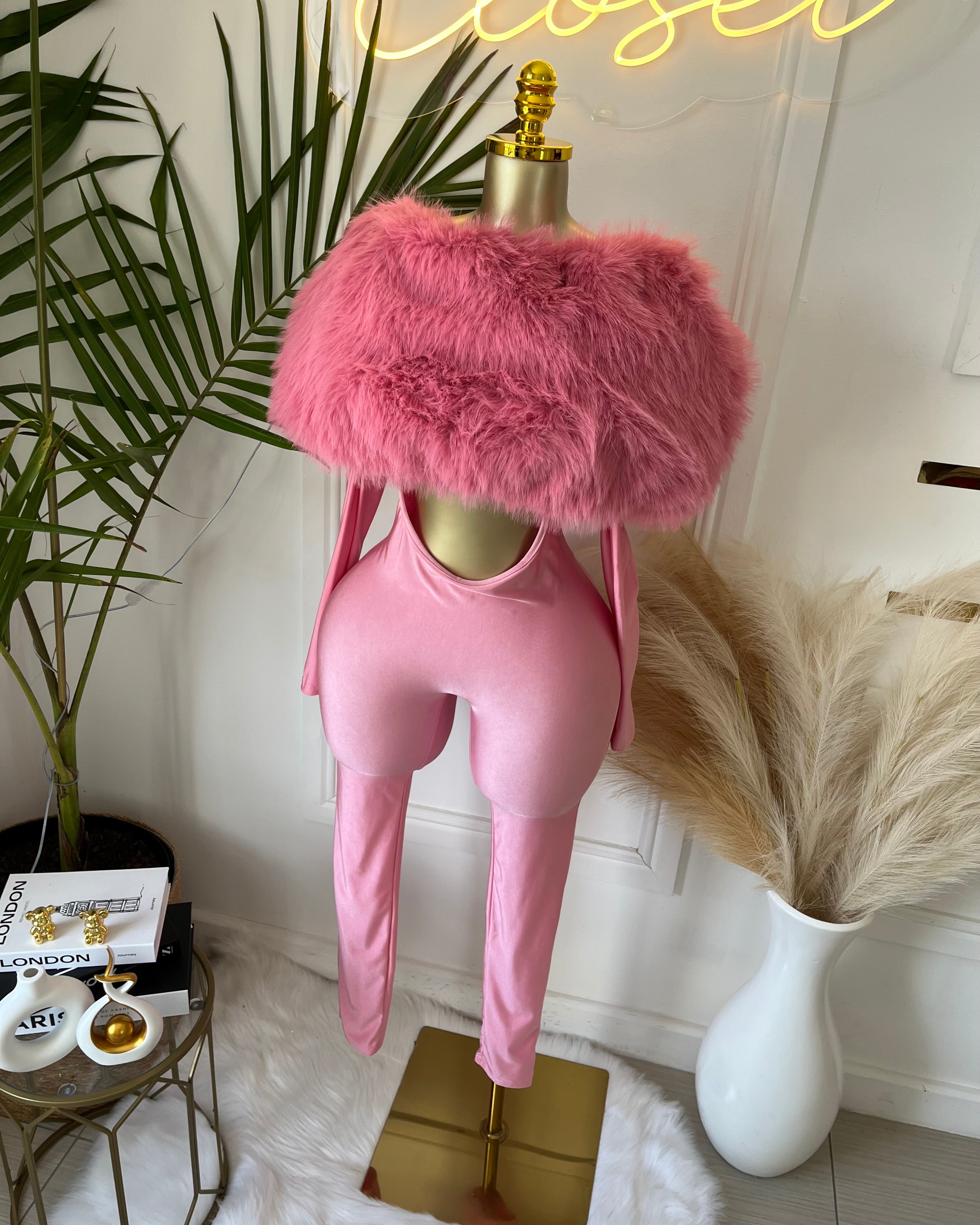 Really Pink Feather Trim Jumpsuit