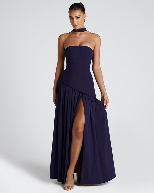 Amara Strapless High Slit Gown with Scarf Detail Purple