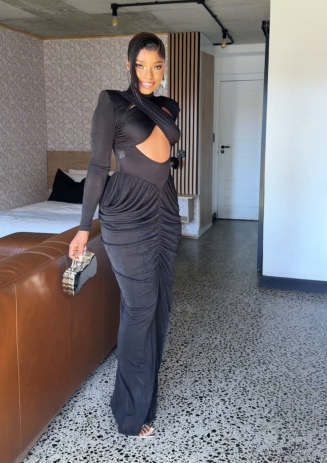 Odette Ruched High-Neck Maxi Dress Black