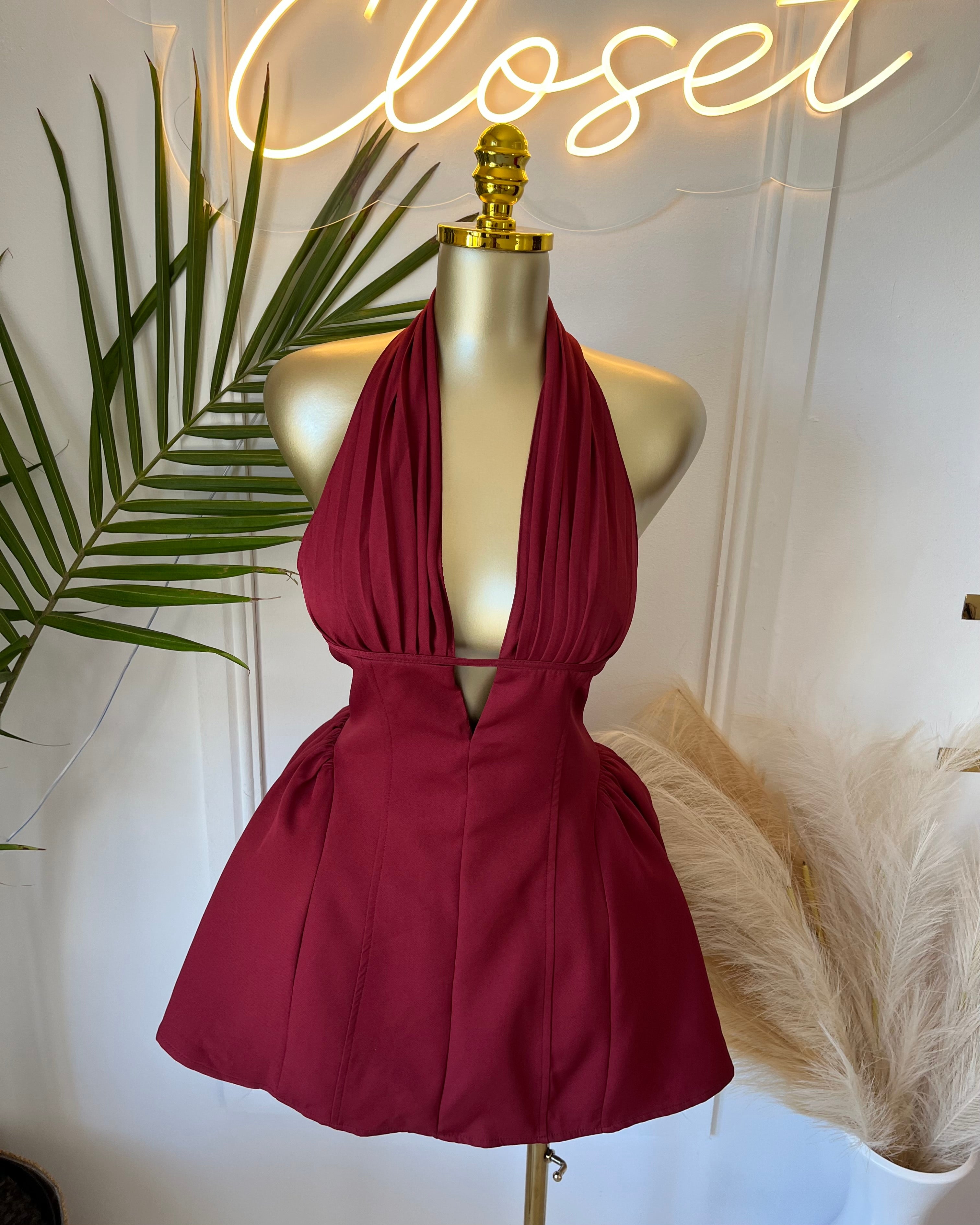 Reanna Burgundy Halter Skater Mini Dress