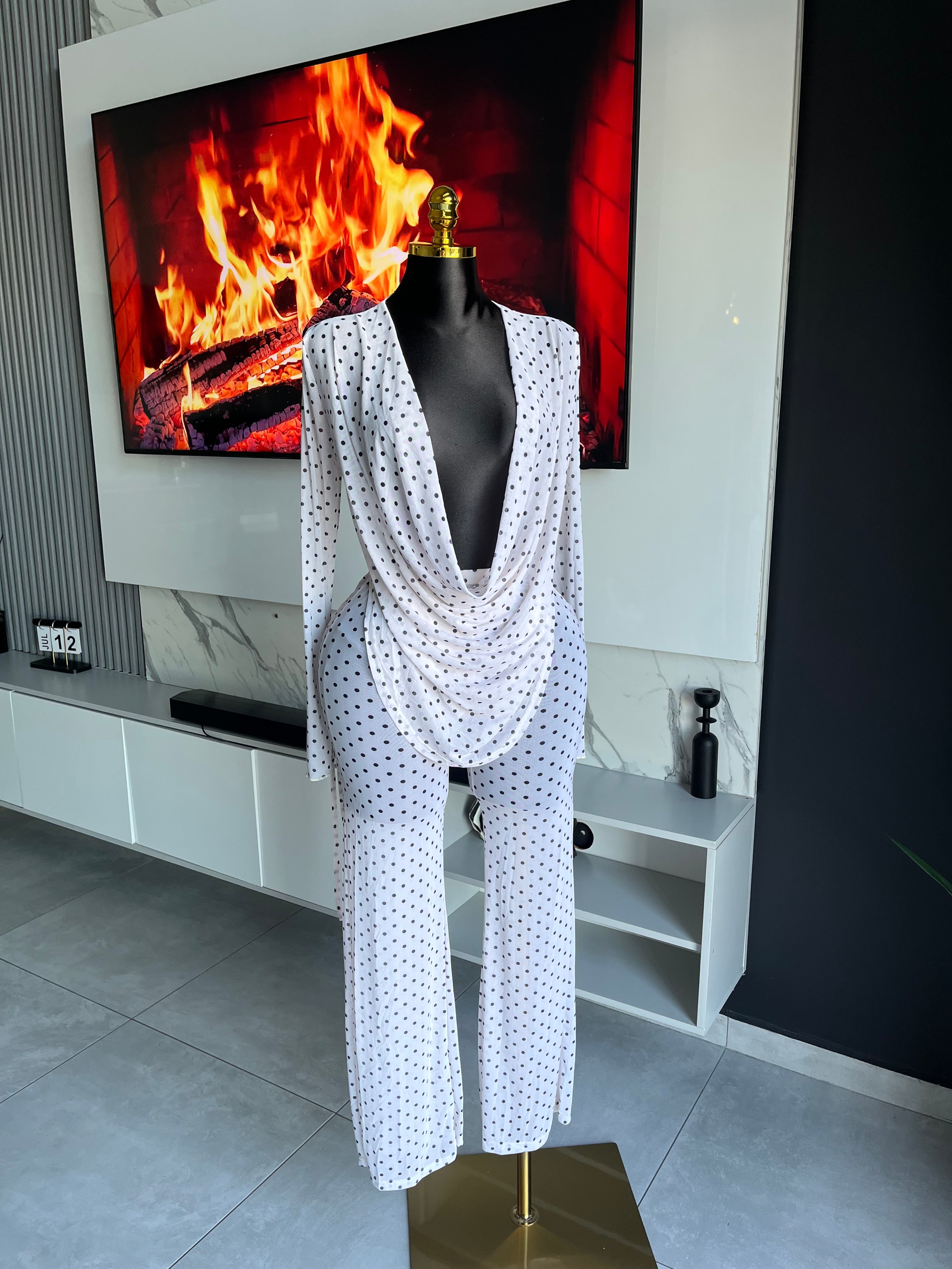 Mabel Polka Dot Mesh Pant Set White