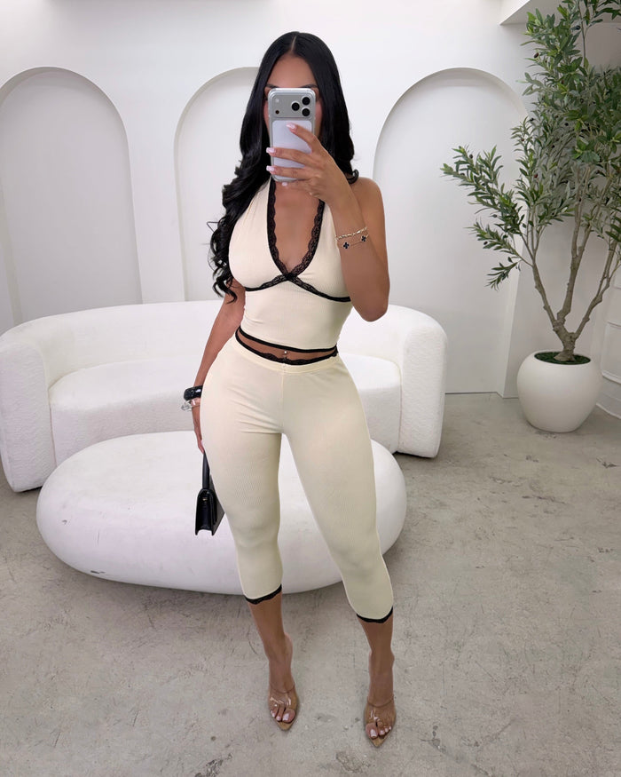 Imani Lace Trim Halter Leggings Set Nude