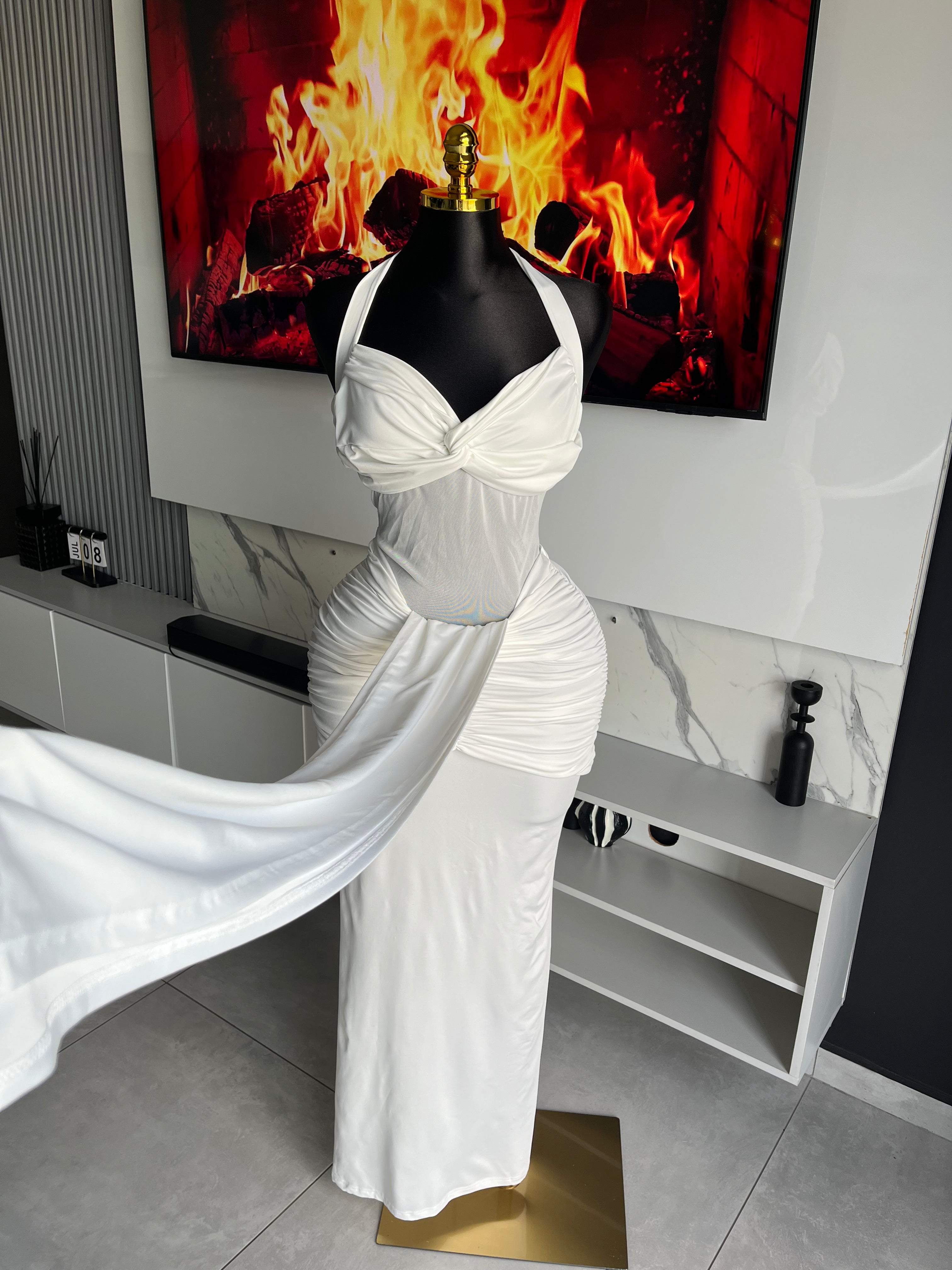 Davina Mesh Illusion Halter Gown White