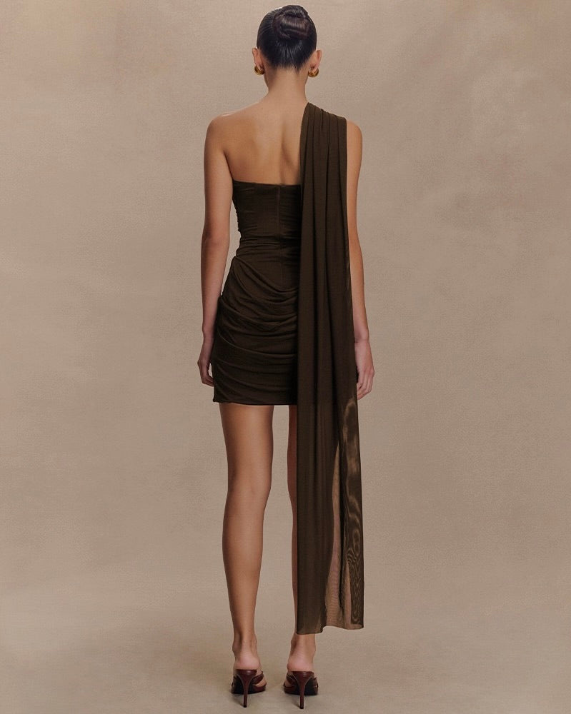 Sky Draped One-Shoulder Dress Brown