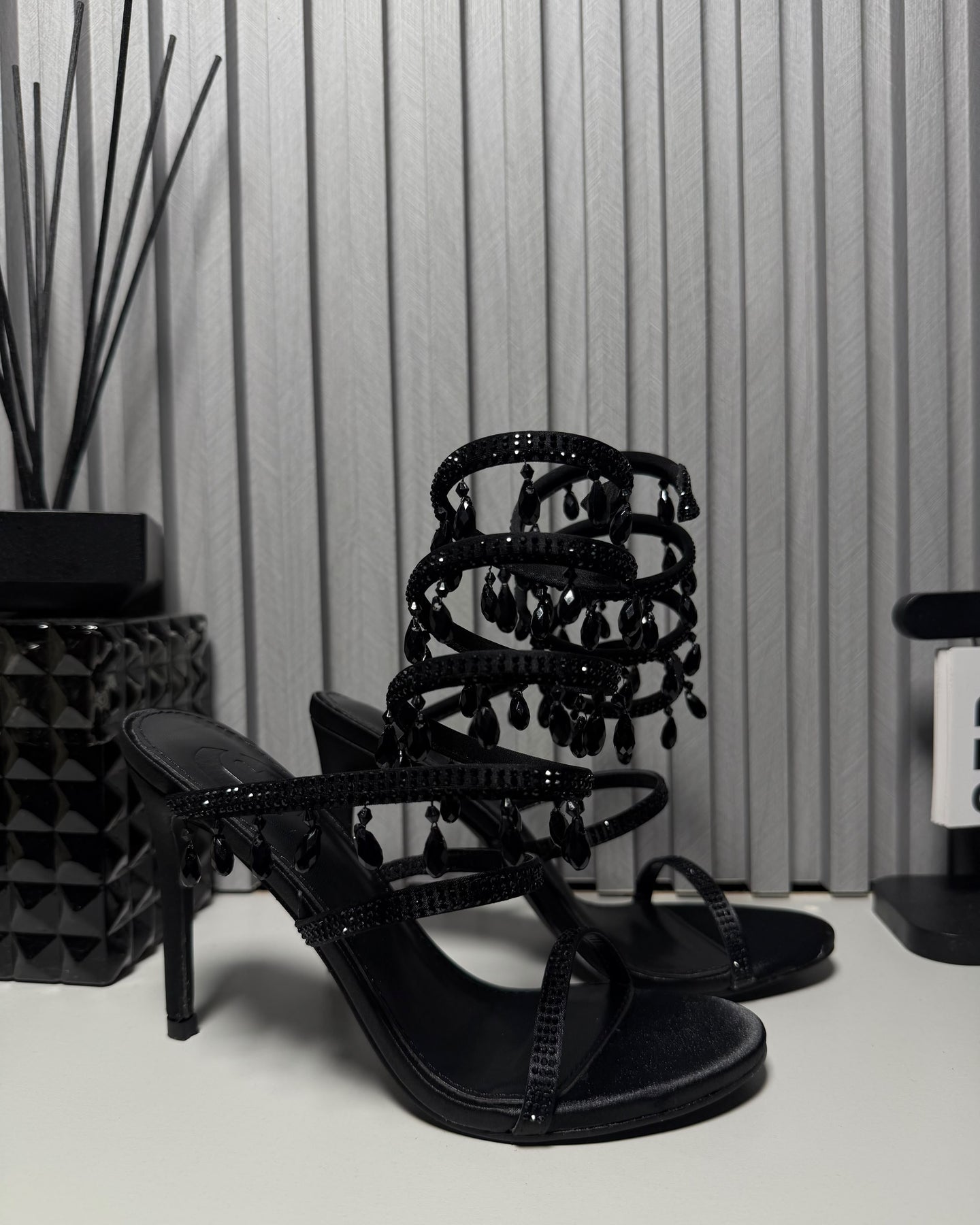 Nyla Black Crystal Drop Heels