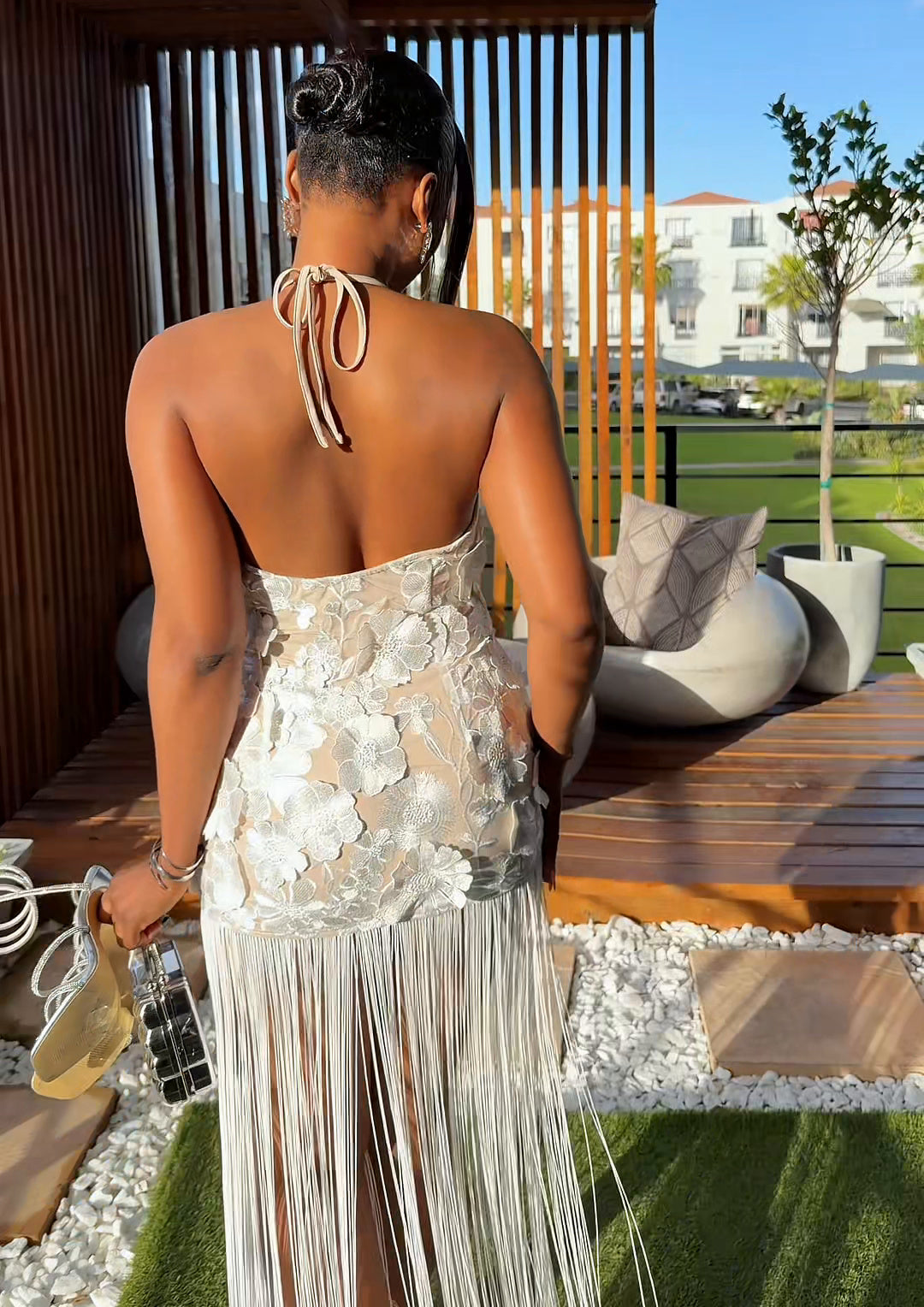Gardenia Floral Fringe Maxi Dress Ivory
