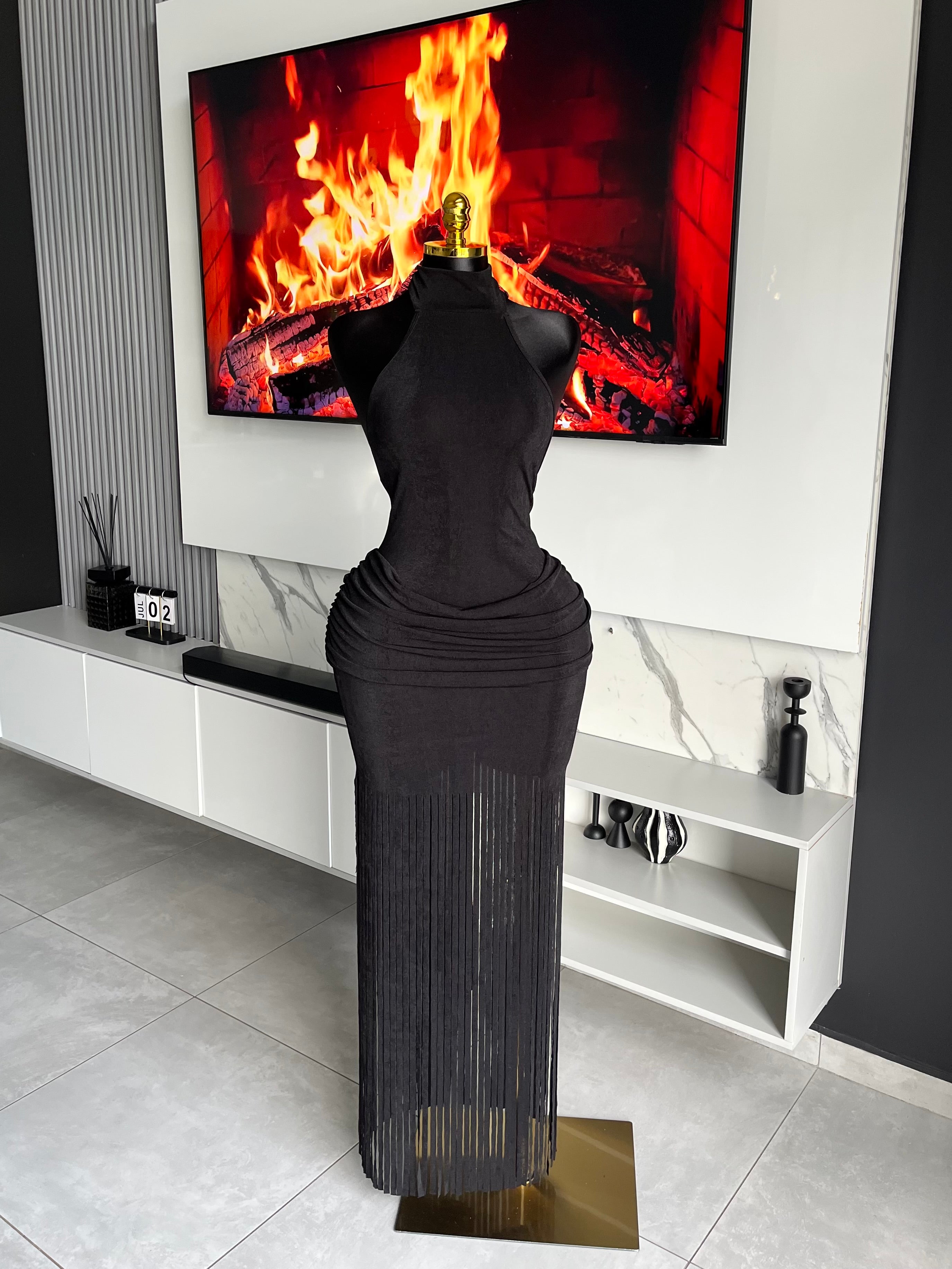 Amoura Fringe Maxi Dress Black